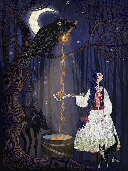 Wydruk artystyczny „Andrzejki" Natalii Noszczyńskiej – kobieta z woskiem i kluczem przy misce, kruk i czarny kot w nocnym lesie, Giclée Fine Art