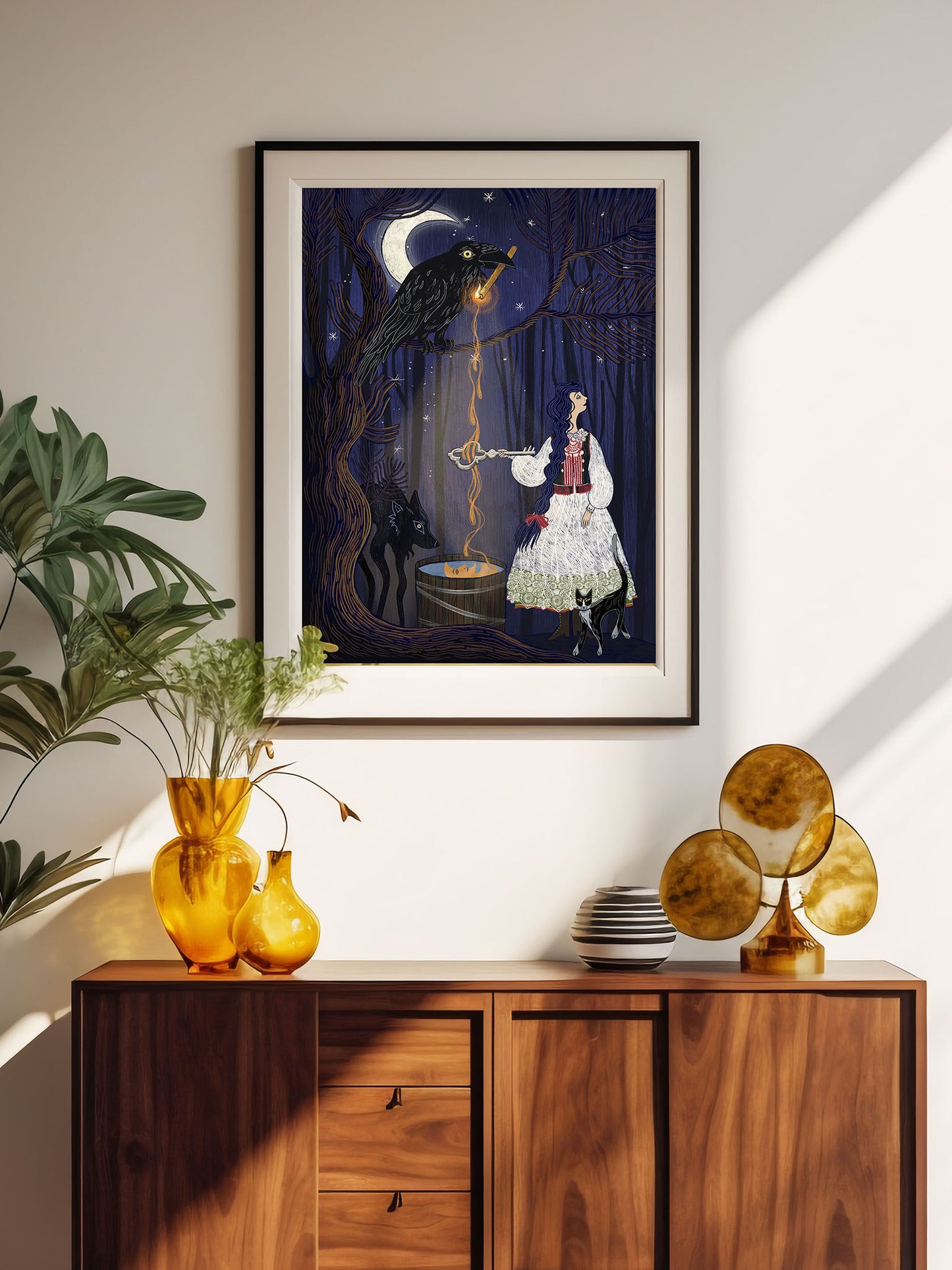 Ilustracja „Andrzejki" – symboliczna scena wróżb z krukiem i czarnym kotem, wydruk artystyczny Black Dog Studio inspirowany polskim folklorem