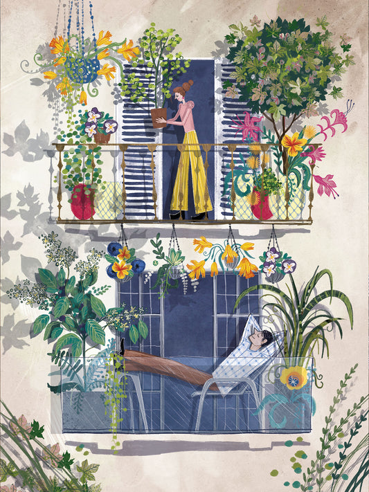 Zbliżenie na balkon kamienicy pełen doniczek i roślin – ilustracja „Balkonowe Historie" Natalii Noszczyńskiej