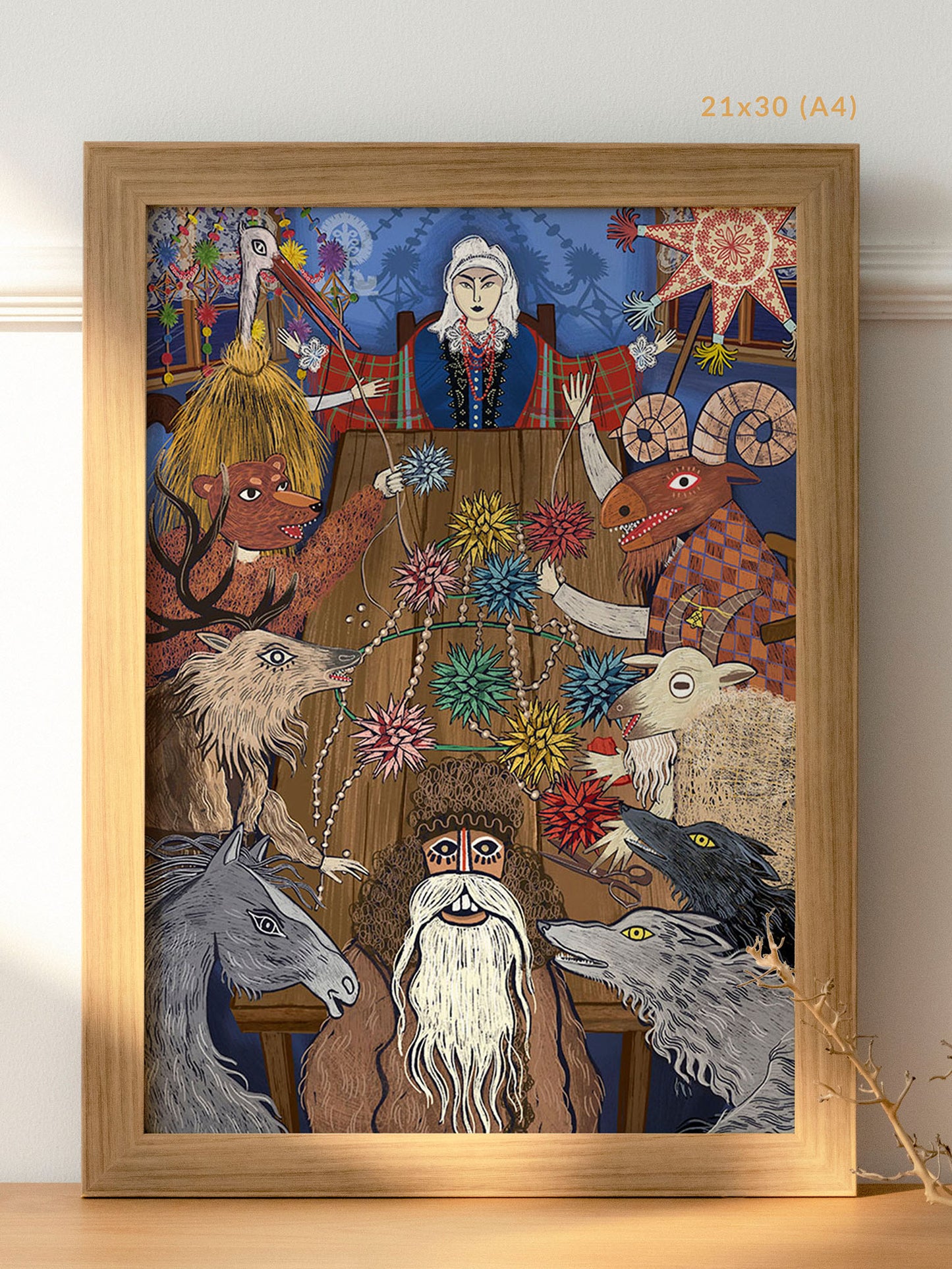 Ilustracja „Pająk Ludowy" – symboliczna scena tworzenia tradycyjnej ozdoby słomianej, wydruk artystyczny Black Dog Studio
