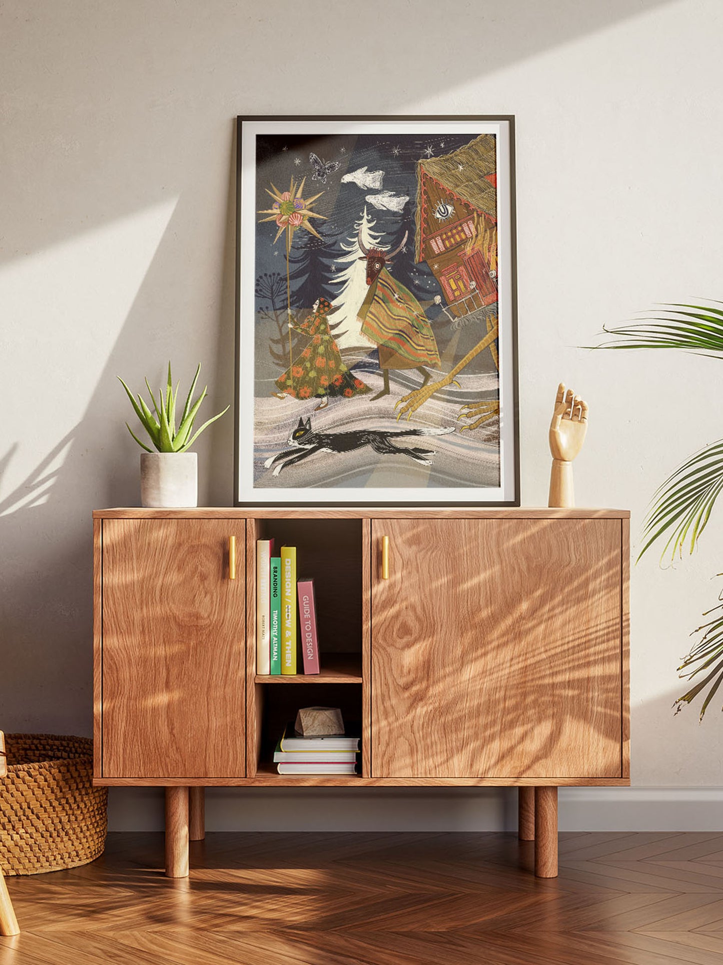 Ilustracja „Pochód Noworoczny Baby Jagi" – symboliczna scena noworoczna z chatką na kurzej stopie i czarnym kotem, folk art print
