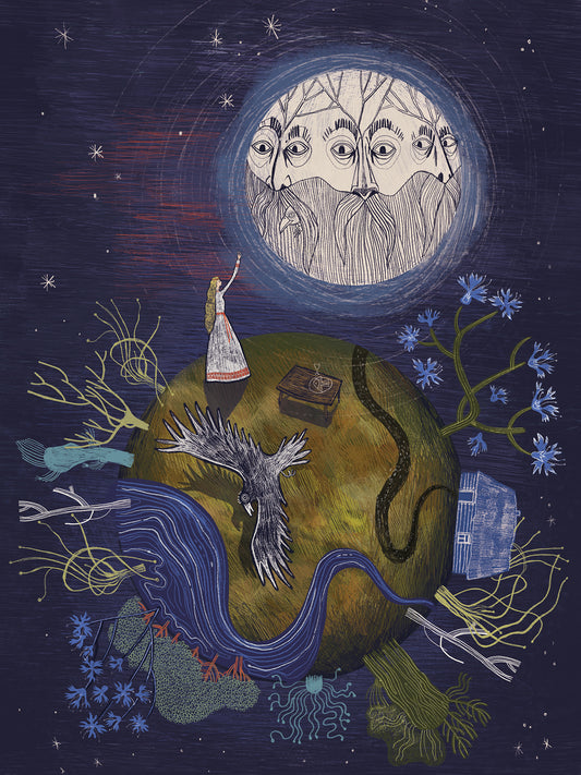 Wydruk artystyczny „Słowiański Świat" Natalii Noszczyńskiej – kobieta na kuli ziemskiej z chatą i krukiem pod księżycem o trzech twarzach, Giclée Fine Art
