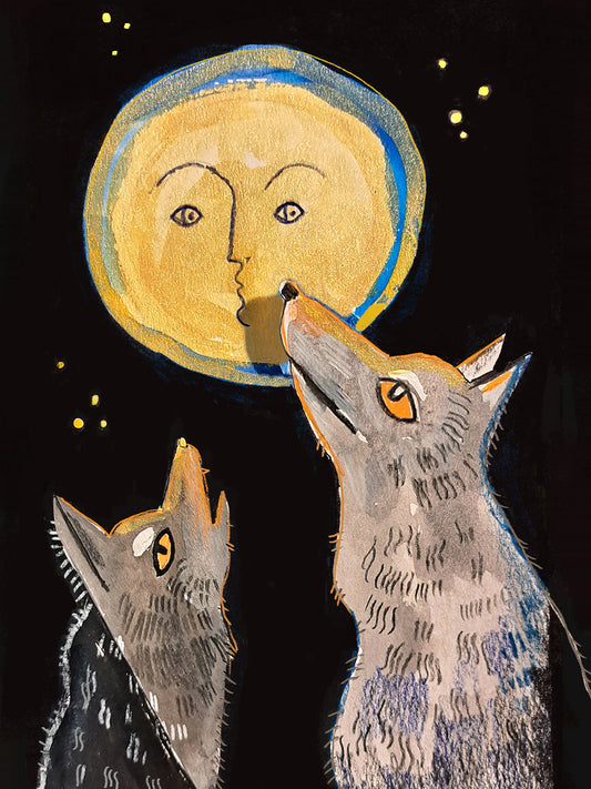 Wydruk artystyczny „Wilcza Pełnia" Natalii Noszczyńskiej – dwa wilki w nocnym lesie pod księżycem o ludzkiej twarzy, Giclée Fine Art