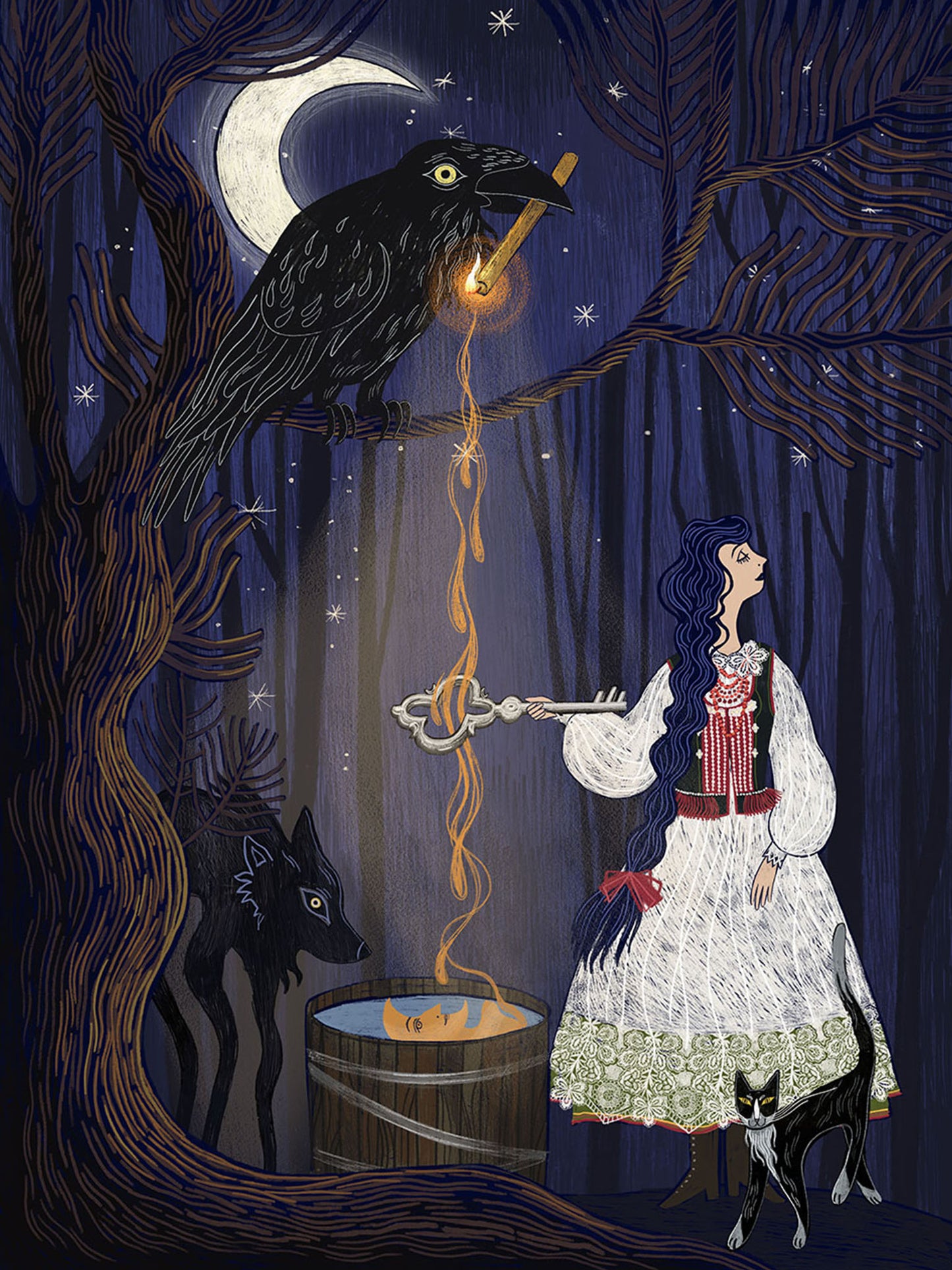 Wydruk artystyczny „Andrzejki" Natalii Noszczyńskiej – kobieta z woskiem i kluczem przy misce, kruk i czarny kot w nocnym lesie, Giclée Fine Art