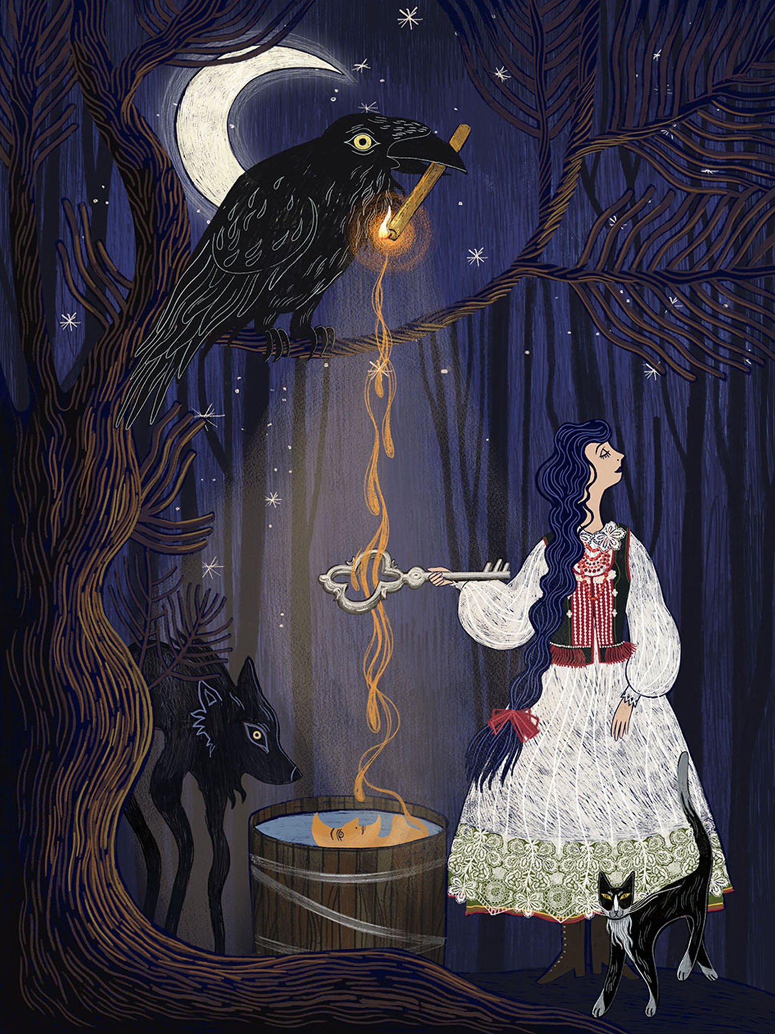 Wydruk artystyczny „Andrzejki" Natalii Noszczyńskiej – kobieta z woskiem i kluczem przy misce, kruk i czarny kot w nocnym lesie, Giclée Fine Art