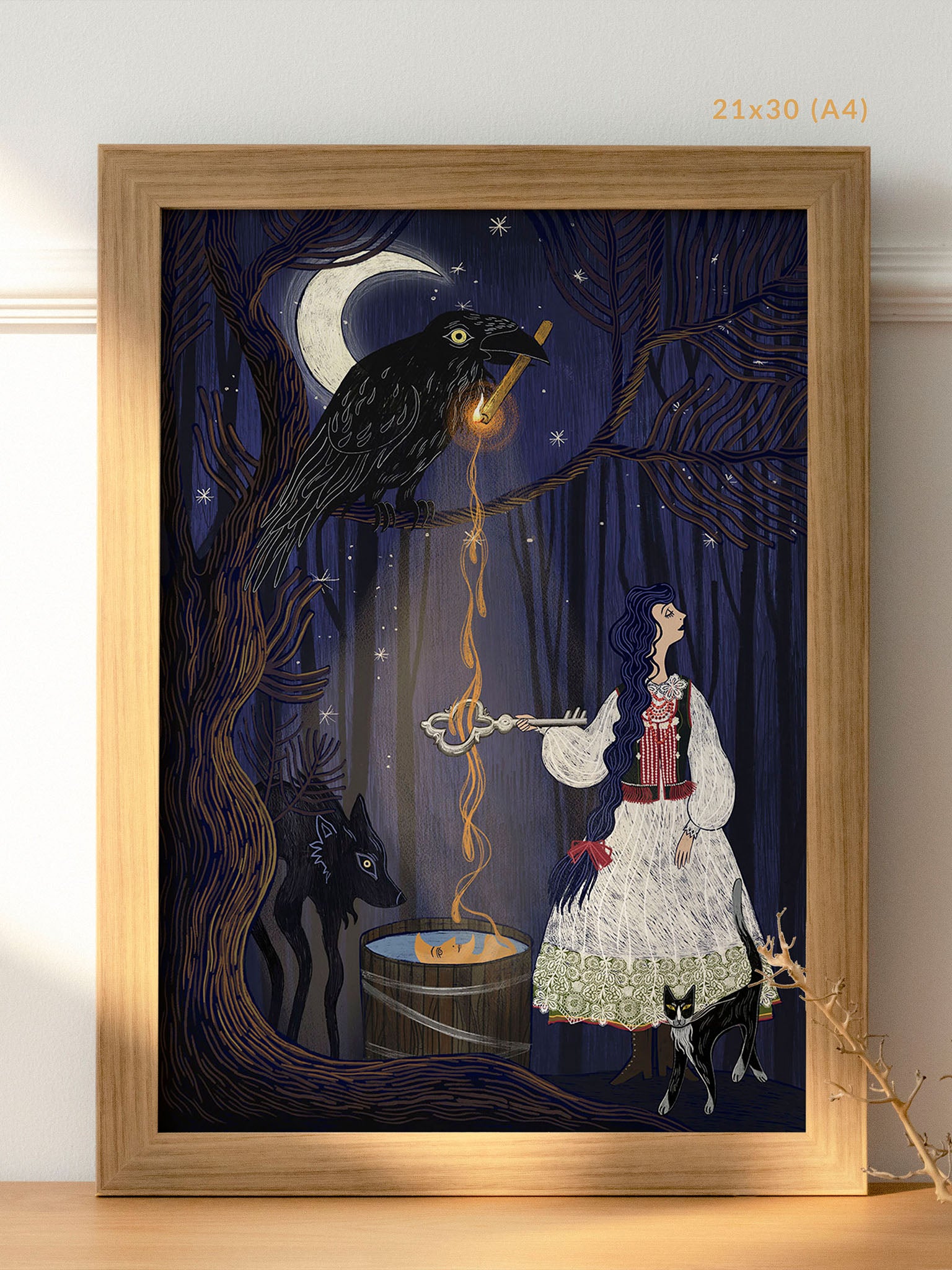 „Andrzejki" – wydruk Giclée na papierze Fine Art Ilford Matt 235 gsm, nastrojowa ilustracja z wróżbą z wosku w nocnej scenerii