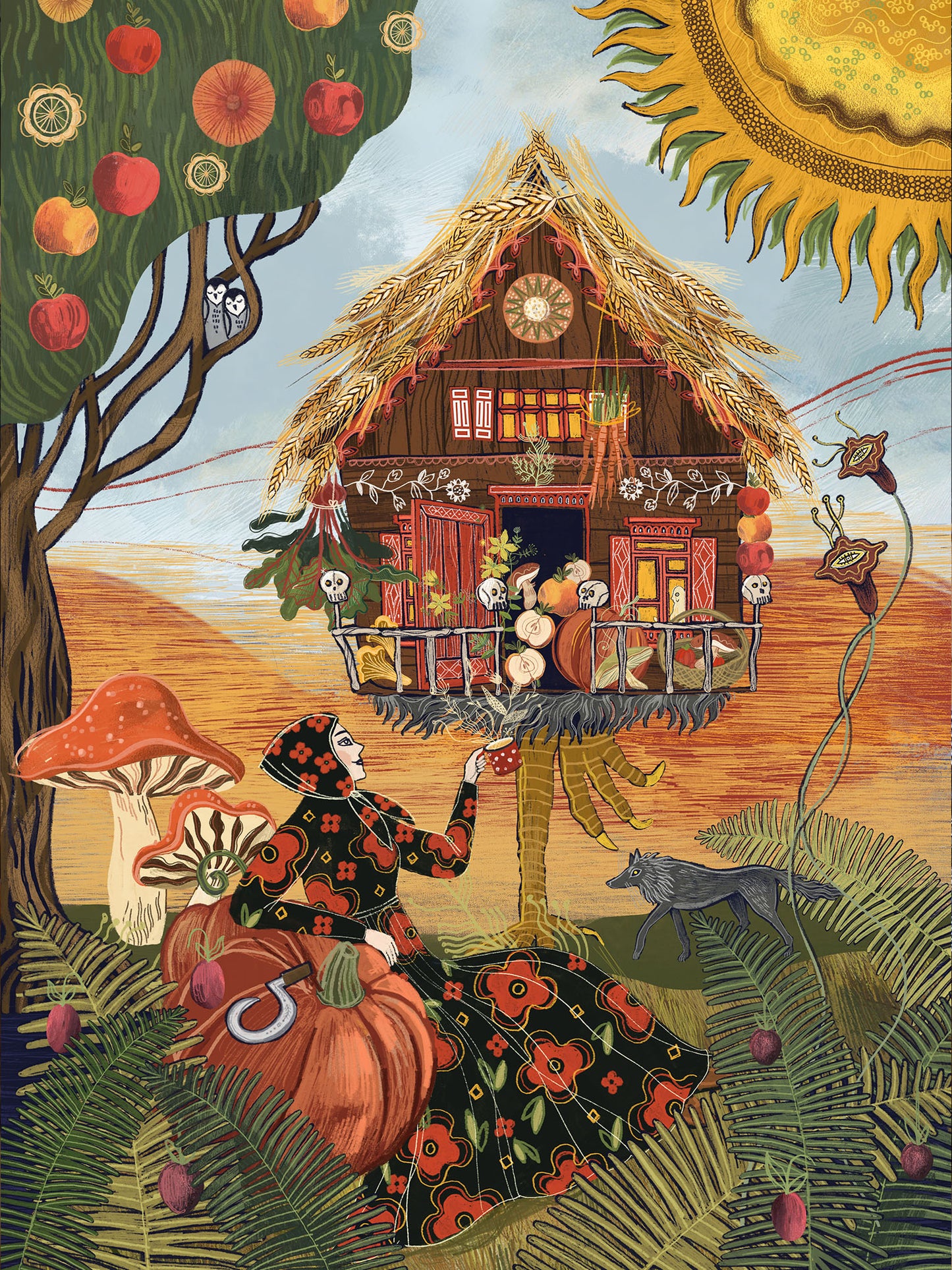 Wydruk artystyczny „Jagowe Dożynki" Natalii Noszczyńskiej – Baba Jaga przy chatce na kurzej nóżce otoczona plonami i darami natury, Giclée Fine Art