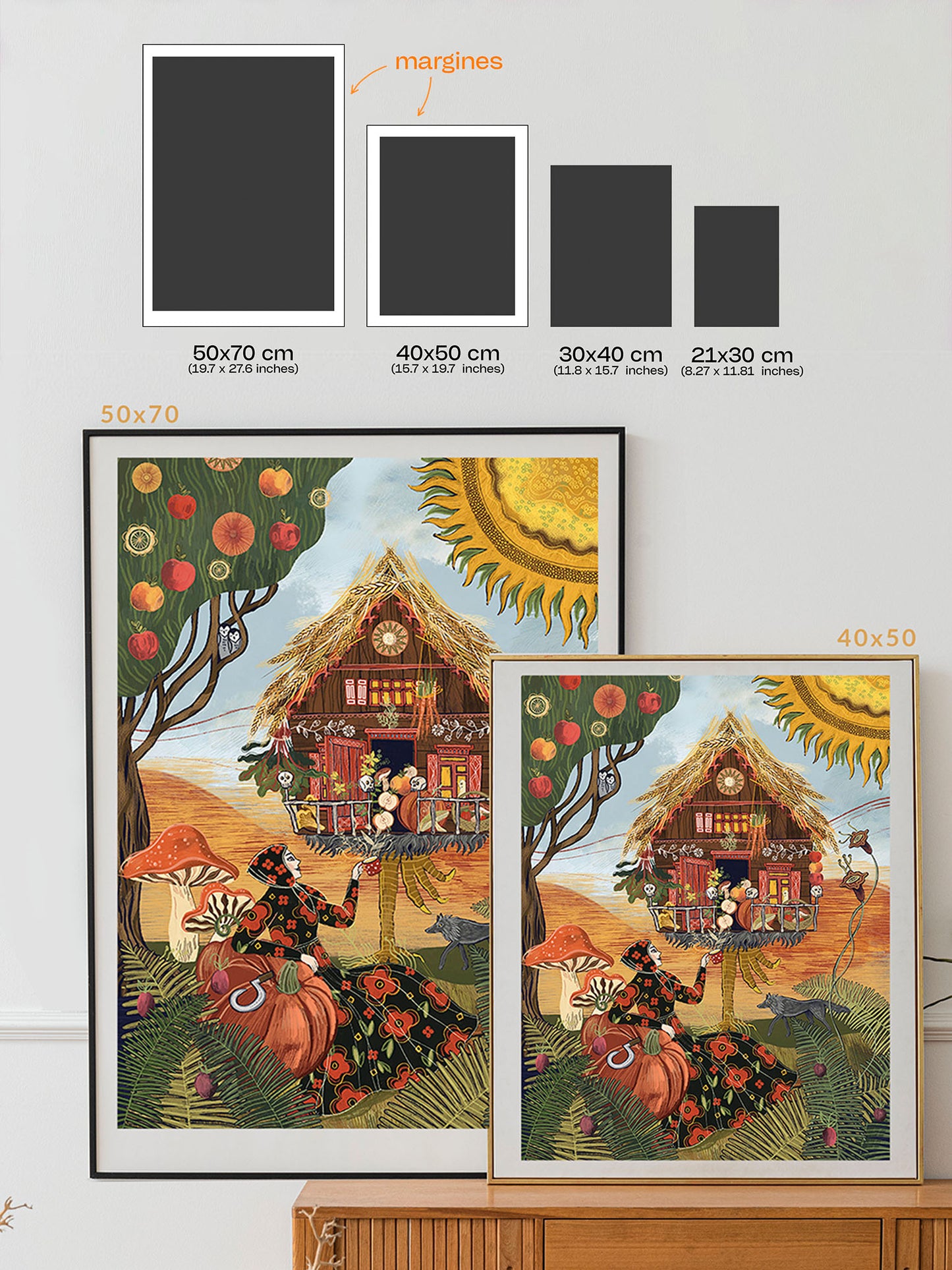 Ilustracja folklorystyczna „Jagowe Dożynki" – symboliczna scena dożynkowa z Babą Jagą i plonami, inspirowana słowiańskim folklorem