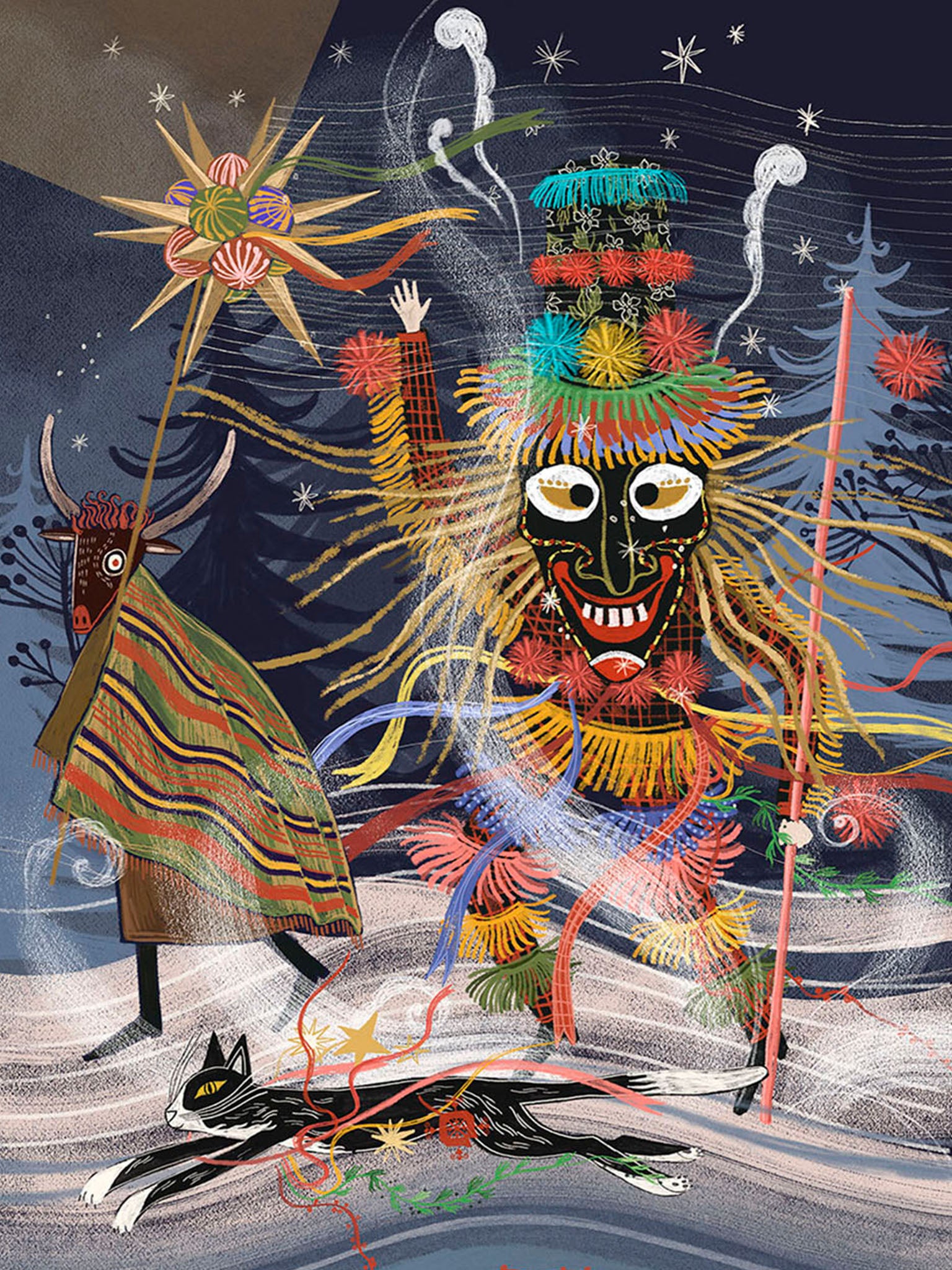 Wydruk artystyczny „Dziady Żywieckie" Natalii Noszczyńskiej – korowód kolędników z Turoniem i czarnym kotem w zimowej scenerii, Giclée Fine Art