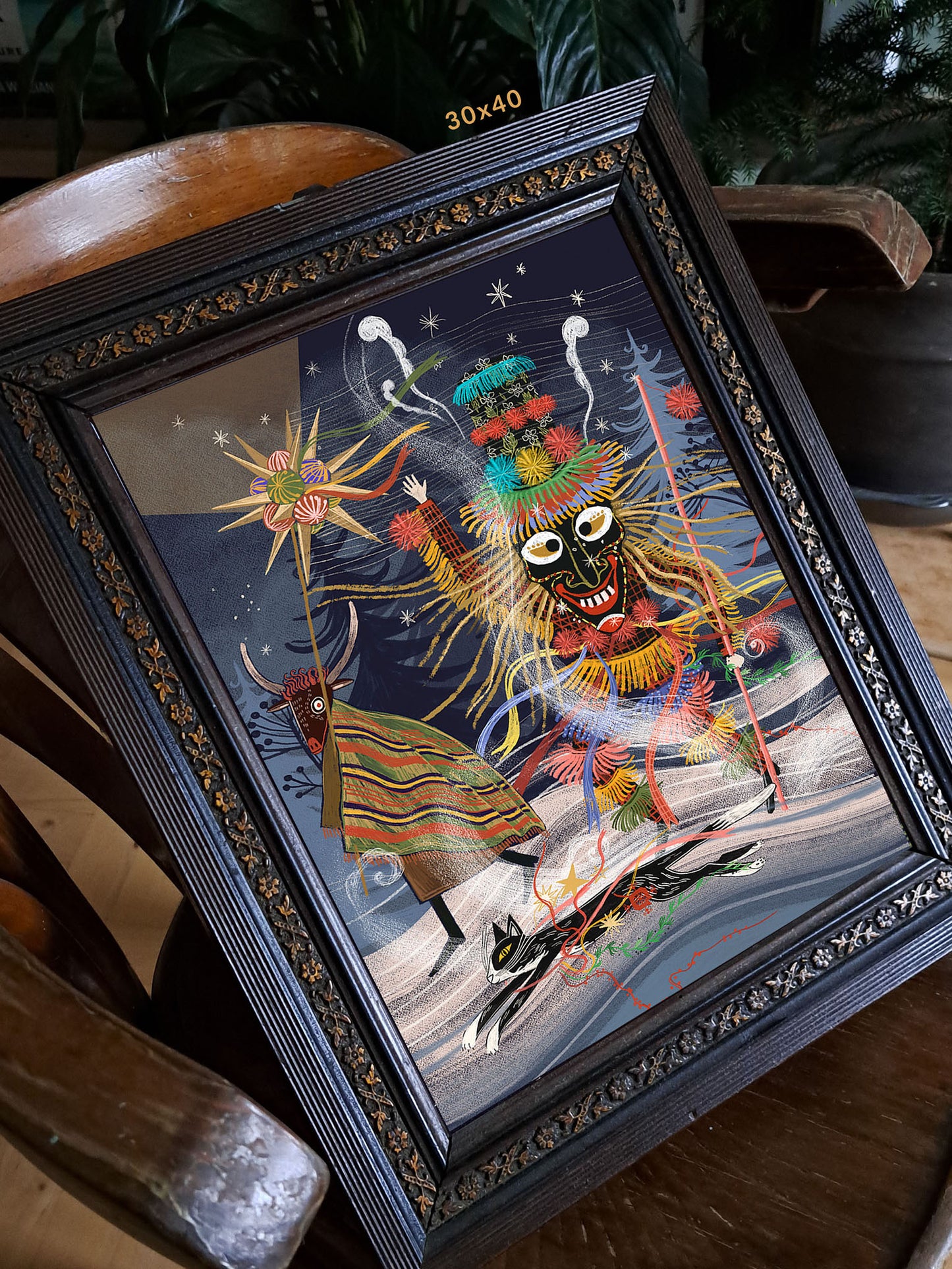Detal ilustracji „Dziady Żywieckie" – zbliżenie na Dziada Żywieckiego w czarnej masce wśród barwnych kolędników, folk art print