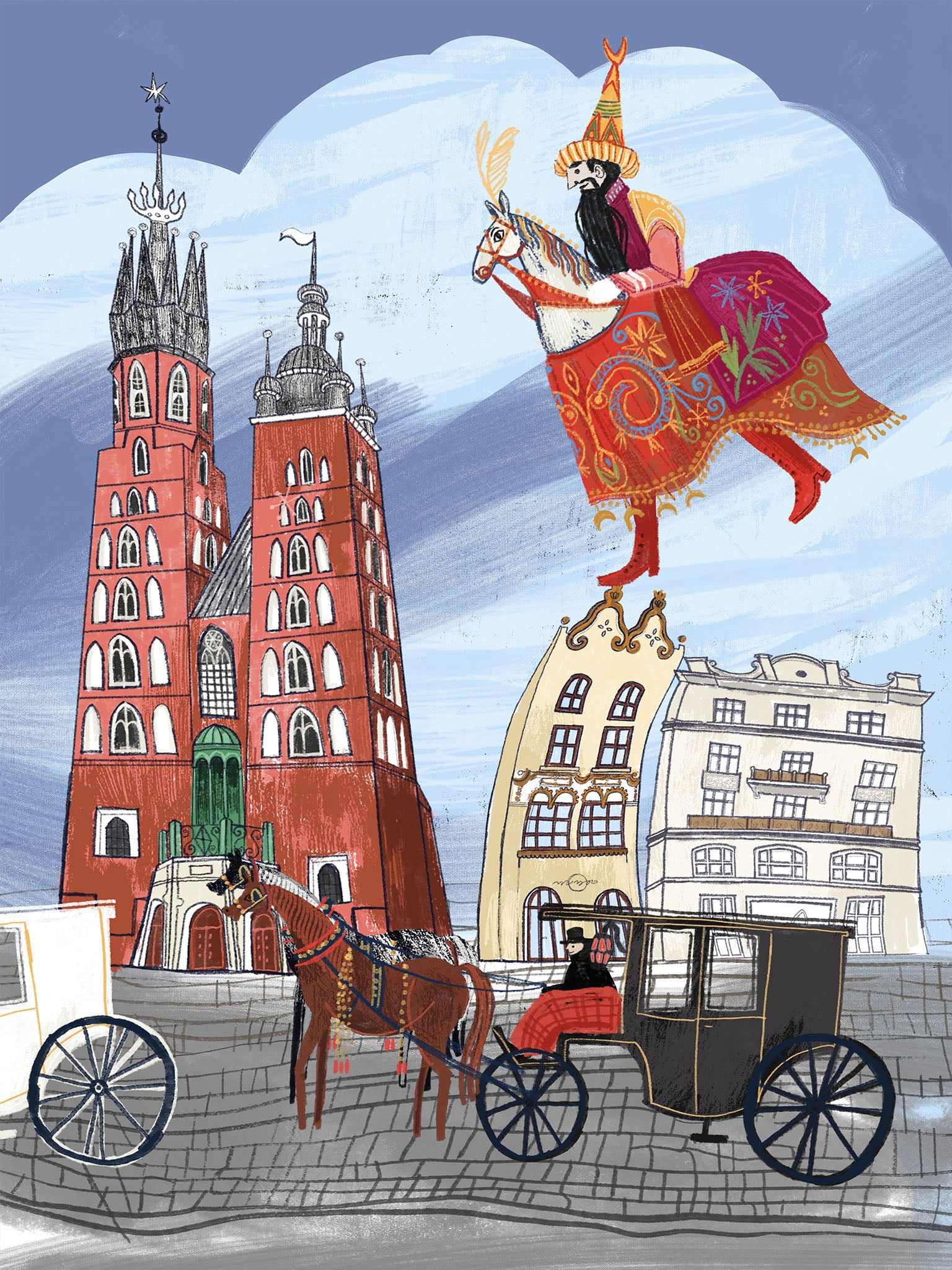 Wydruk artystyczny „Lajkonik" Natalii Noszczyńskiej – barwna postać Lajkonika nad Rynkiem Głównym w Krakowie, Giclée Fine Art