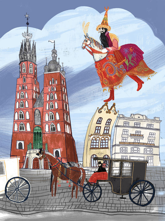 Wydruk artystyczny „Lajkonik" Natalii Noszczyńskiej – barwna postać Lajkonika nad Rynkiem Głównym w Krakowie, Giclée Fine Art