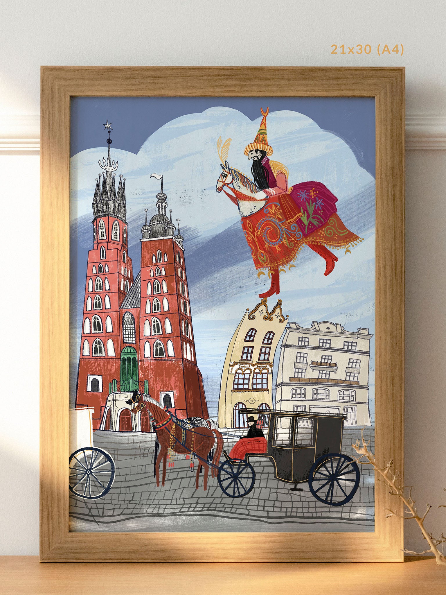 „Lajkonik" – wydruk Giclée na papierze Fine Art Ilford Matt 235 gsm, nastrojowa ilustracja z Lajkonikiem i dorożkami na Rynku Głównym