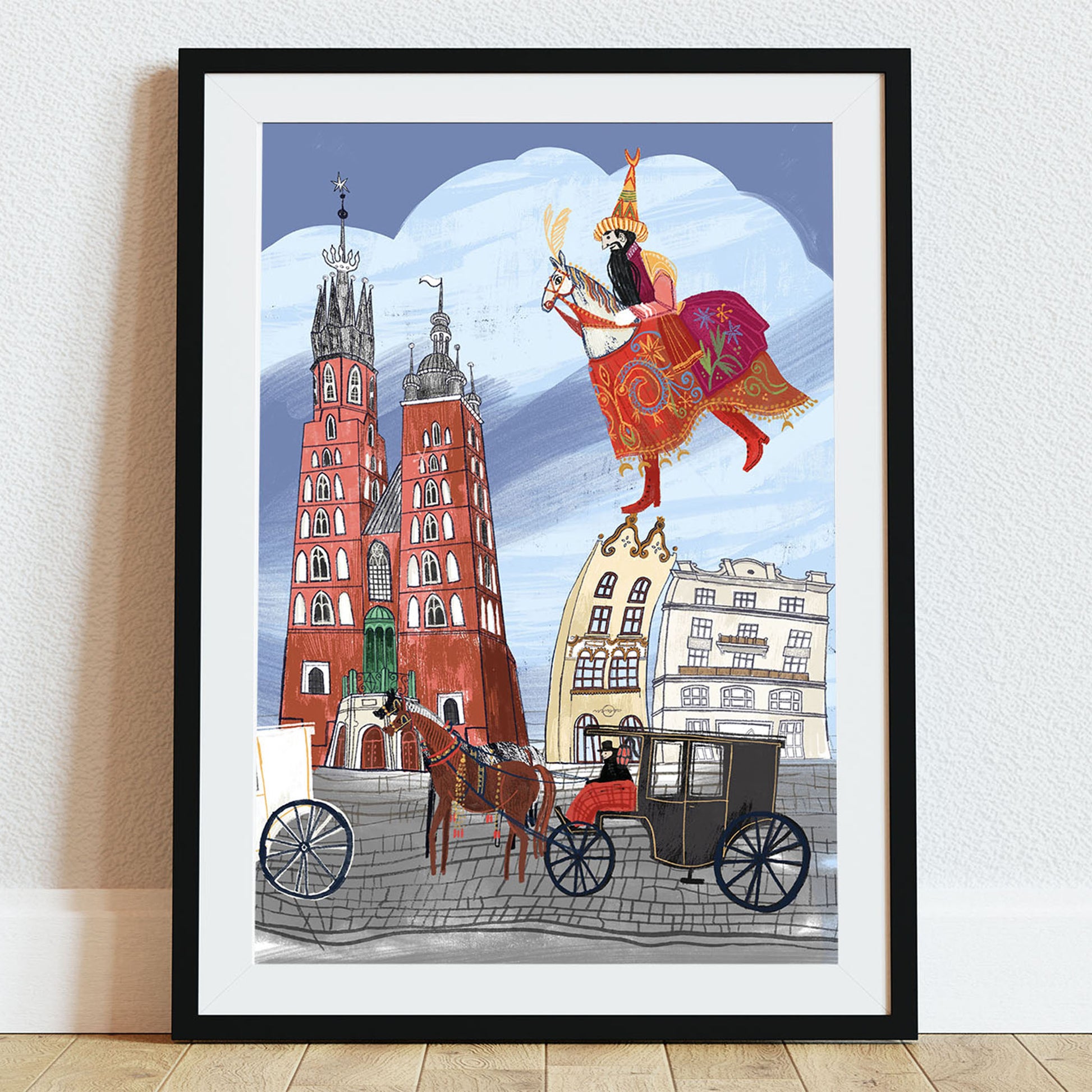 Ilustracja „Lajkonik” przedstawiająca barwną postać Lajkonika unoszącą się nad Rynkiem Głównym w Krakowie, z Bazyliką Mariacką i dorożkami w tle.