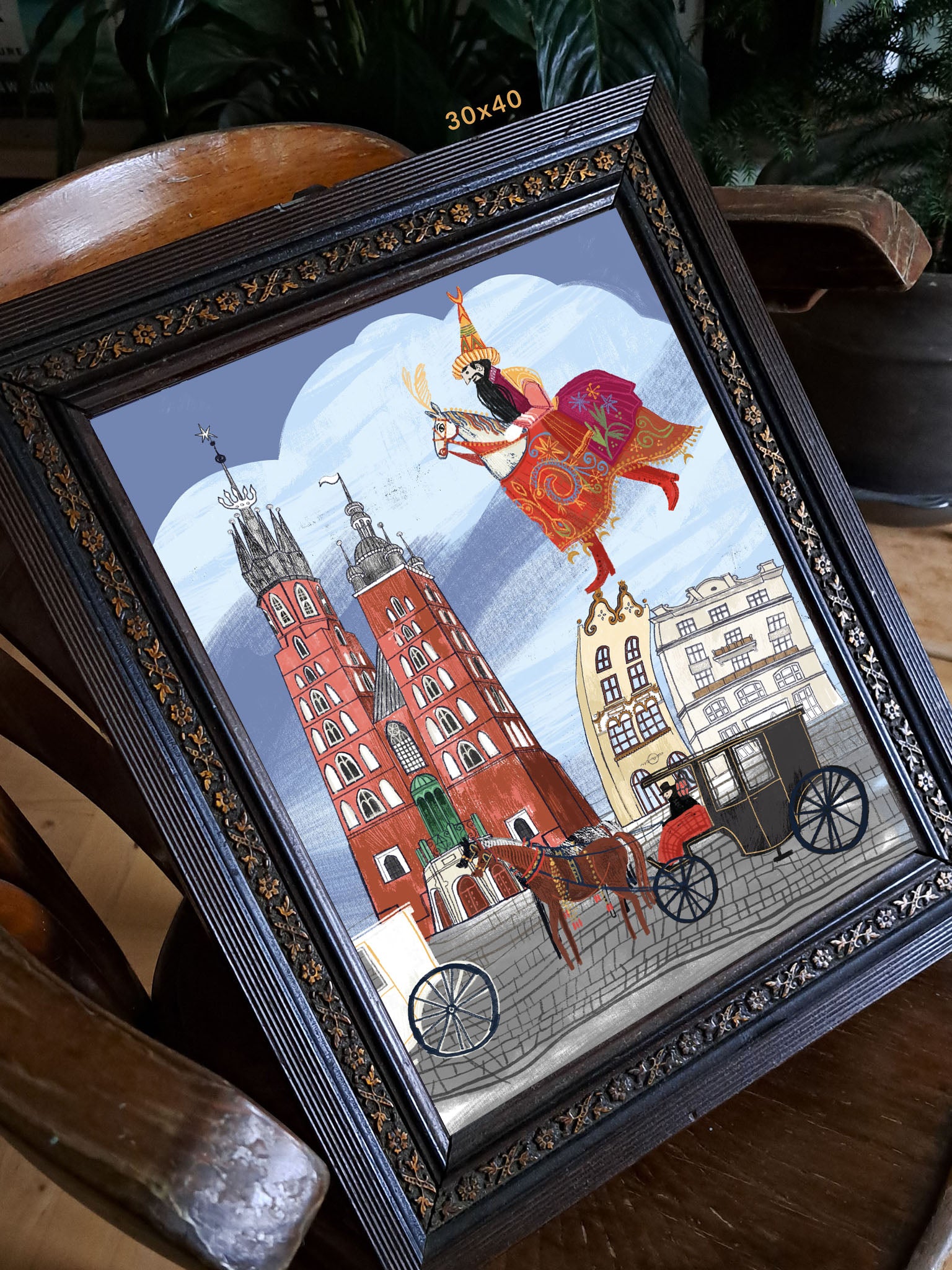 Detal ilustracji „Lajkonik" – zbliżenie na postać Lajkonika w kolorowym stroju z Bazyliką Mariacką w tle, folk art print