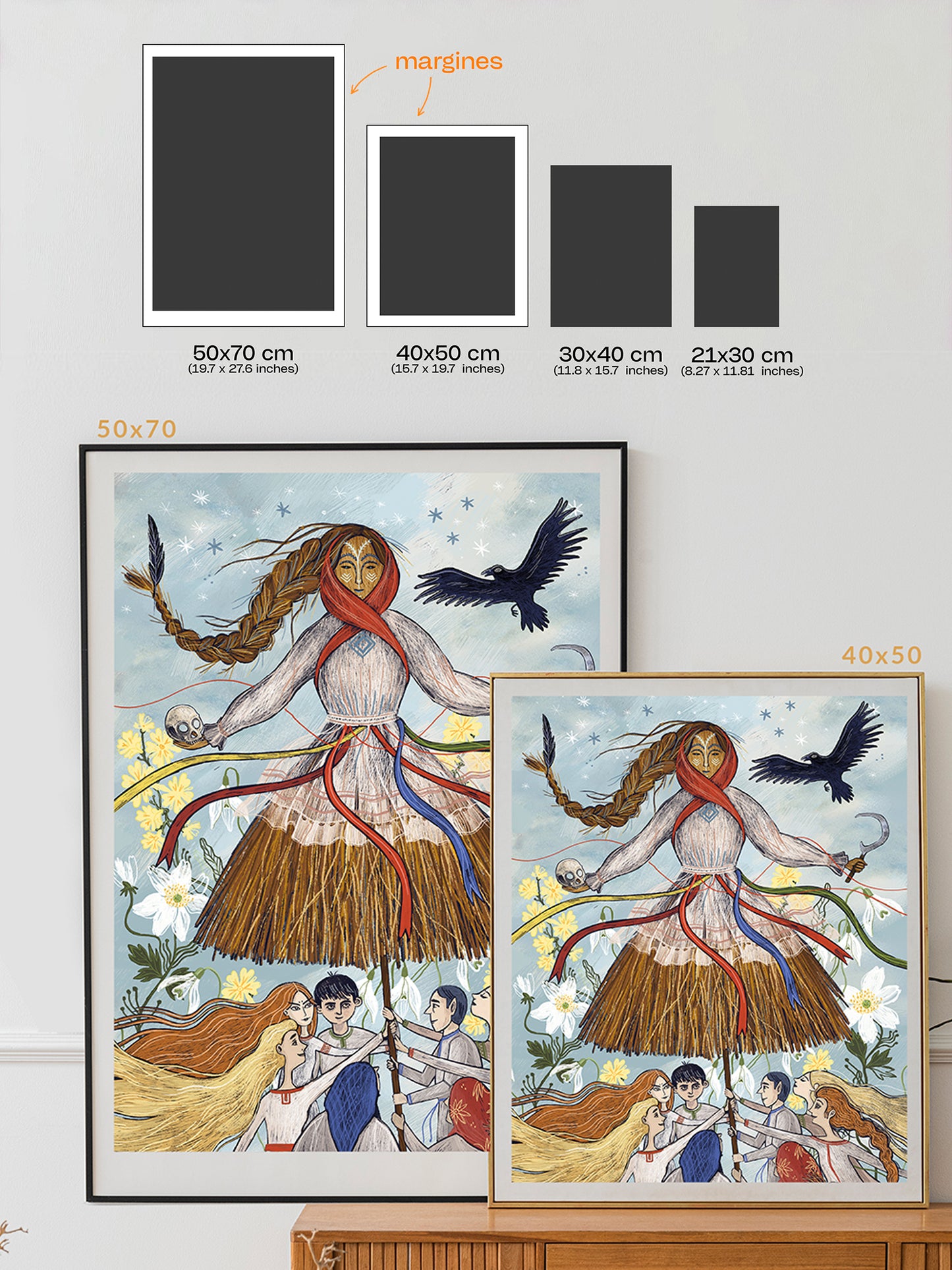 Ilustracja folklorystyczna „Pochód Marzanny" – grupa postaci w wiosennym obrzędzie pożegnania zimy, styl folk art