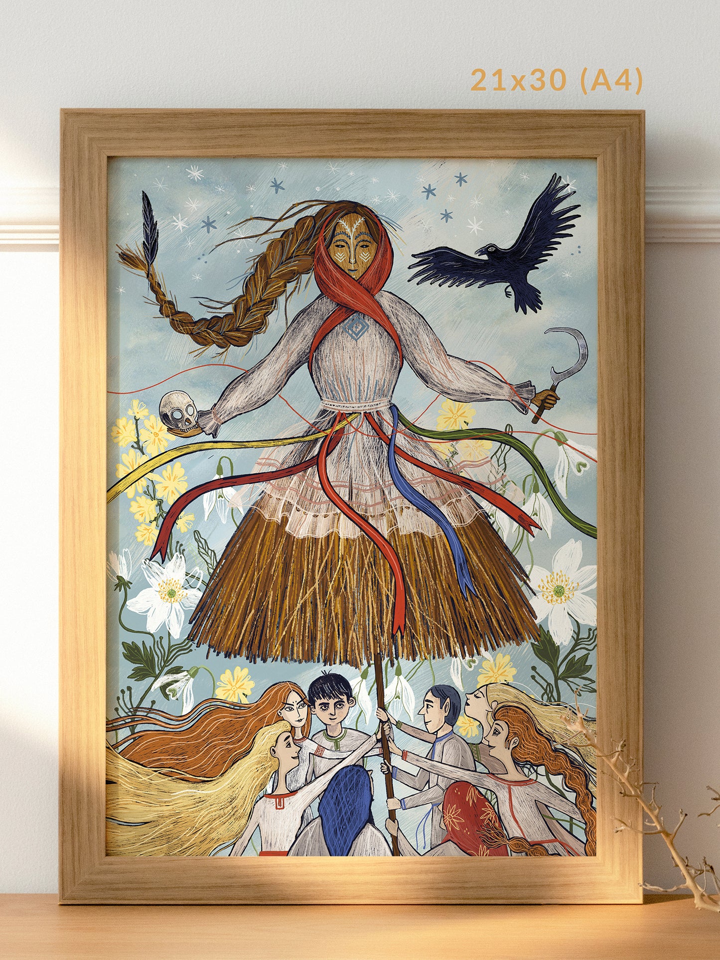 Wydruk Giclée Fine Art „Pochód Marzanny" – symboliczna scena z Marzanną, krukiem i motywem odradzającej się przyrody