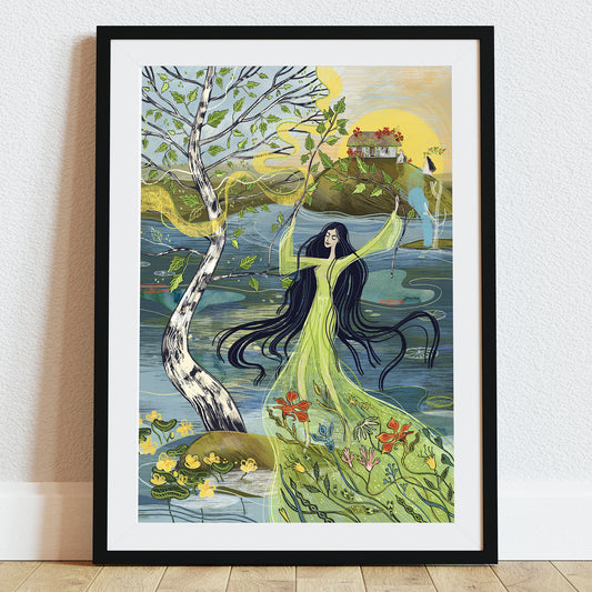 Ilustracja „Panna Brzoza” przedstawiająca młodą kobietę w zielonej sukni tańczącą z brzozą nad wodą, inspirowana Zielonymi Świątkami i dawnym polskim folklorem.