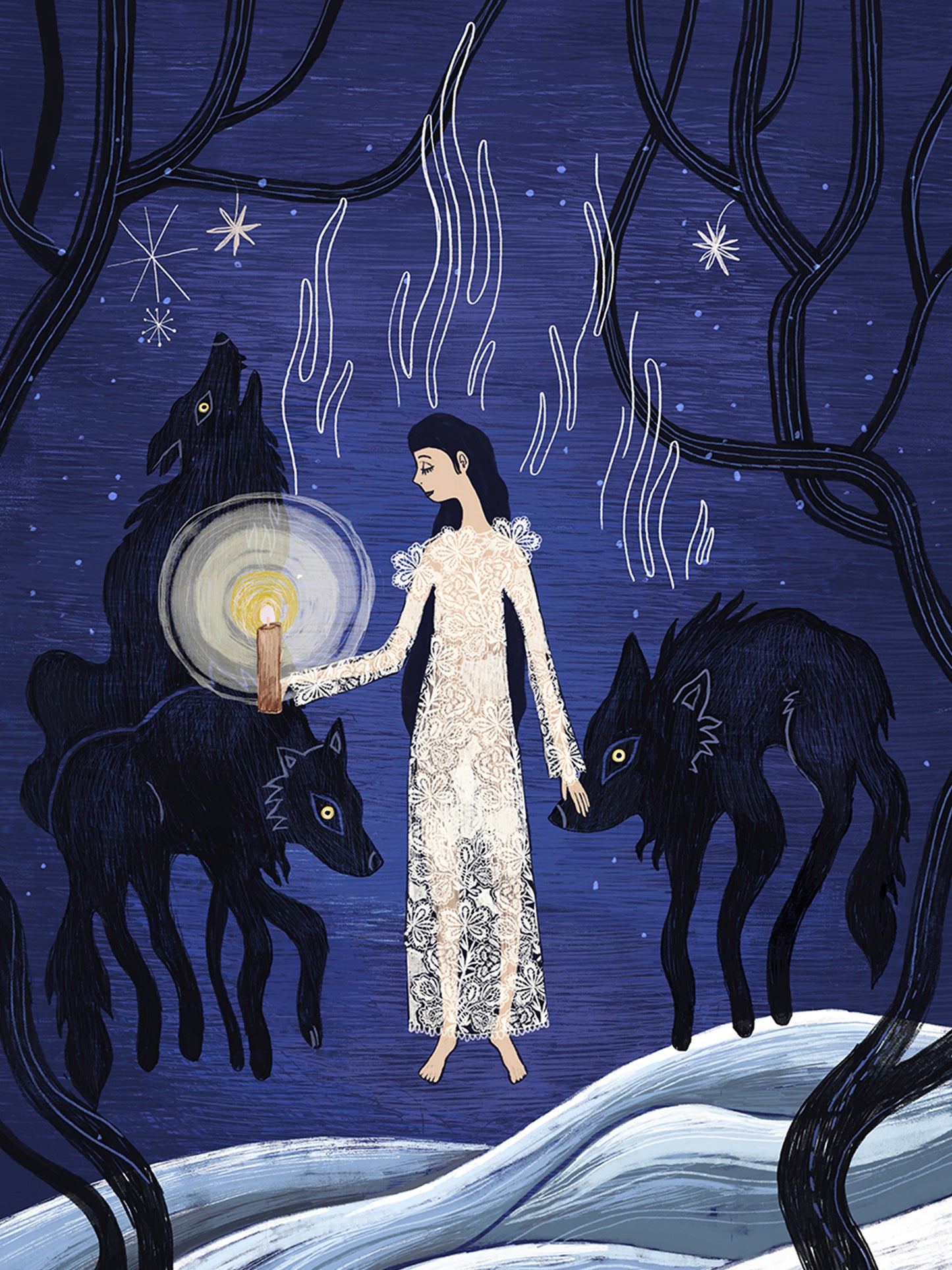 Wydruk artystyczny „Panna z Wilkami" Natalii Noszczyńskiej – kobieta z gromnicą wśród wilków w nocnym zimowym lesie, Giclée Fine Art