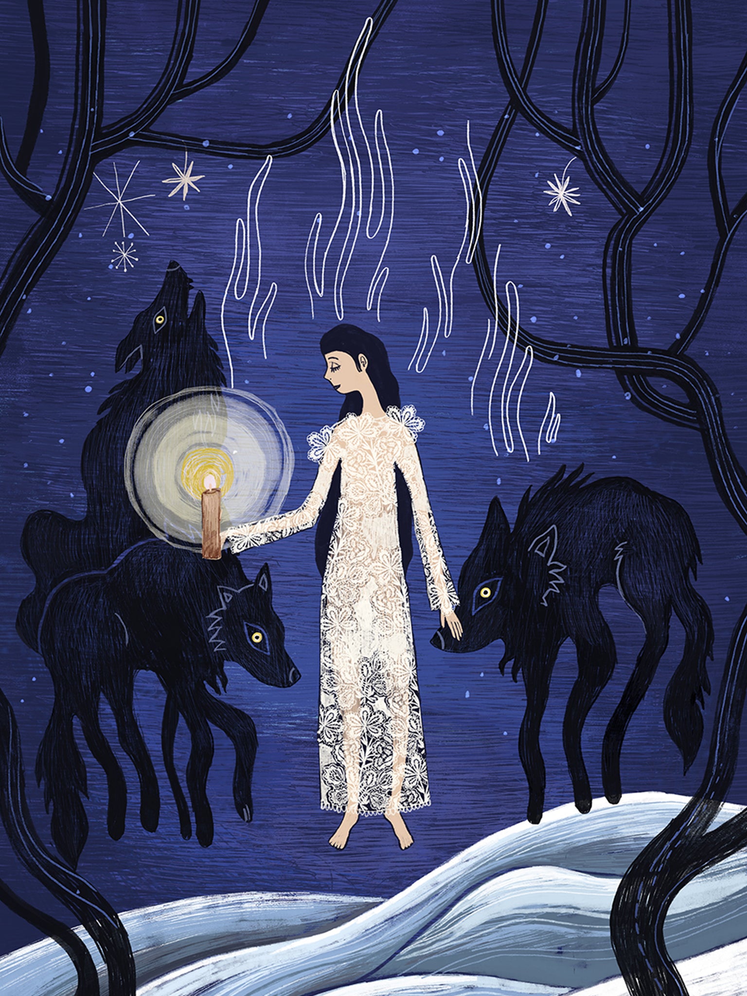 Wydruk artystyczny „Panna z Wilkami" Natalii Noszczyńskiej – kobieta z gromnicą wśród wilków w nocnym zimowym lesie, Giclée Fine Art