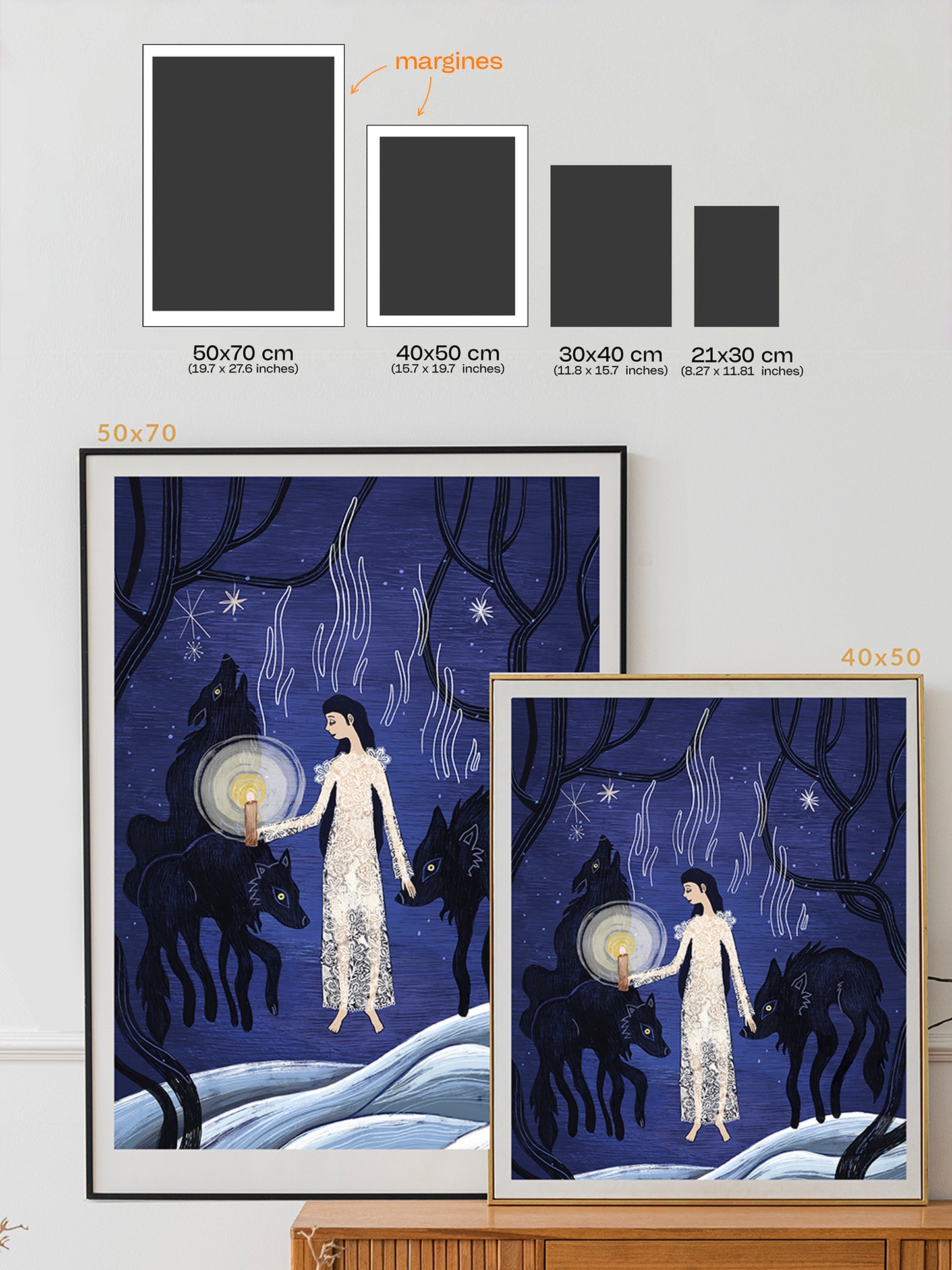 Ilustracja folklorystyczna „Panna z Wilkami" – symboliczna scena z kobietą i watahą wilków nocą, inspirowana słowiańskim folklorem