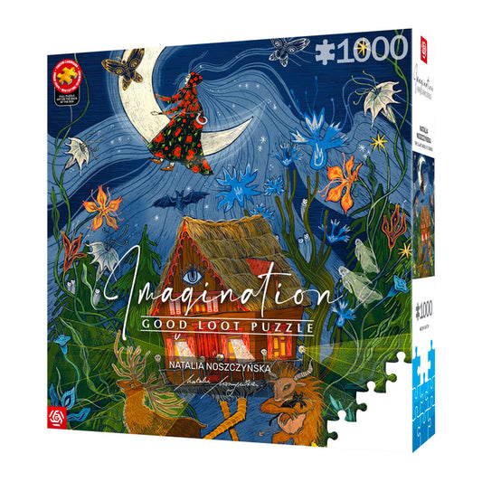 Puzzle Imagination „Słowiański Świat Nadchodzi" 1000 elementów — pudełko z ilustracją Natalii Noszczyńskiej przedstawiającą młodą Babę Jagę na księżycu, chatkę na kurzej nóżce i nocny słowiański krajobraz.