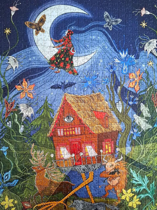 Puzzle Imagination „Słowiański Świat Nadchodzi" — detal ilustracji z leśnymi stworzeniami, Biesami i Ubożętami w nocnym krajobrazie.