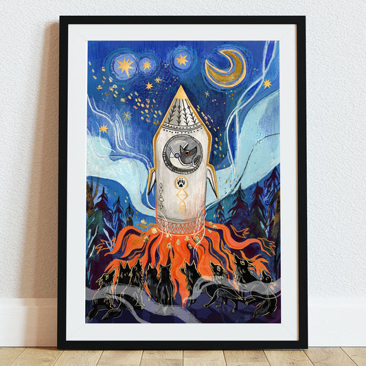 Ilustracja „Wilcza Odyseja” przedstawiająca wilka w rakiecie startującej ku gwiazdom nad nocnym krajobrazem, otoczonej przez wilczą watahę.