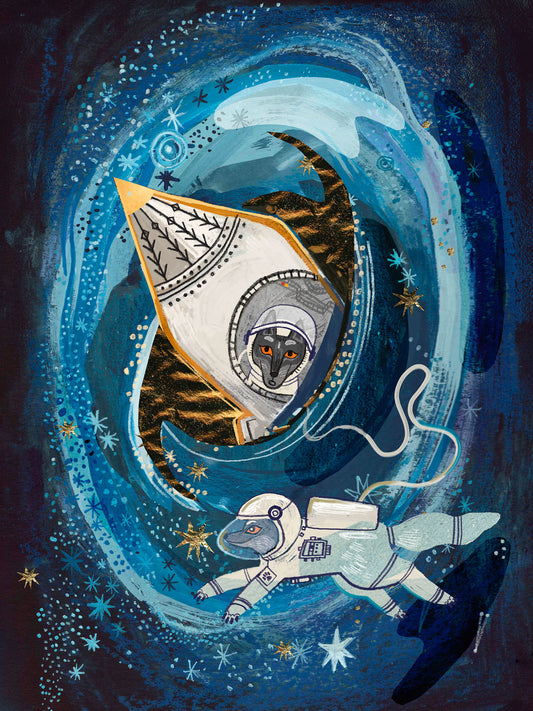 Wydruk artystyczny Wilczy Astronauta – ilustracja z serii Wilcza Odyseja, Natalia Noszczyńska