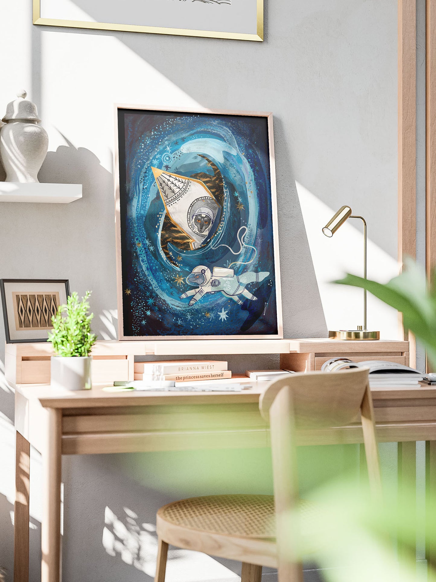 Ilustracja Wilczy Astronauta Natalii Noszczyńskiej – dwa wilki w kosmosie, baśniowa przygoda dla dzieci