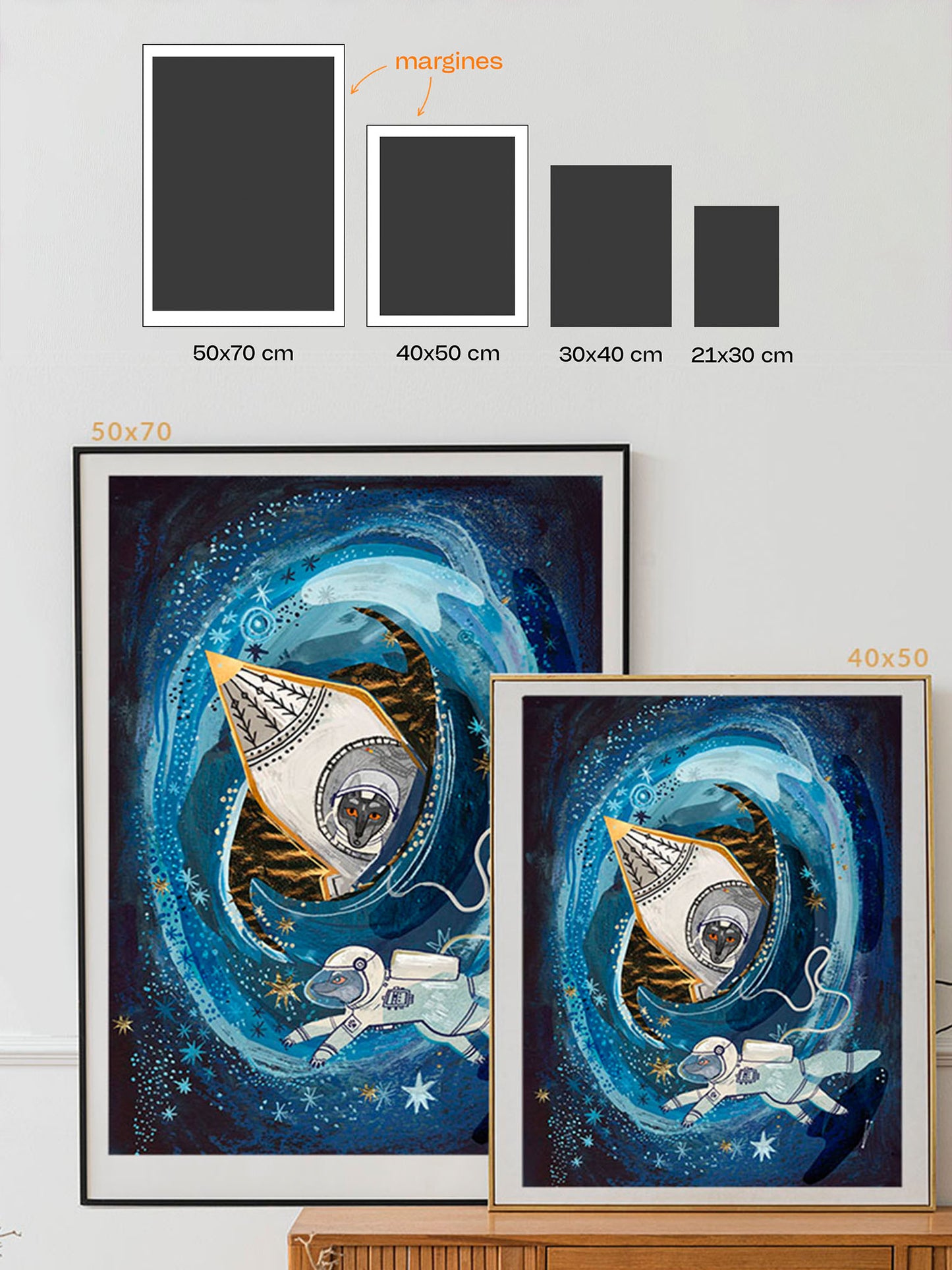 Wilczy Astronauta w pokoju dziecięcym – wydruk Giclée Fine Art jako dekoracja ścienna dla dzieci