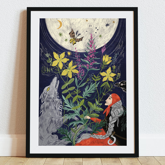 Ilustracja „Szeptucha” przedstawiająca ludową uzdrowicielkę, szarego wilka oraz zioła rosnące pod pełnią księżyca na tle nocnego nieba.