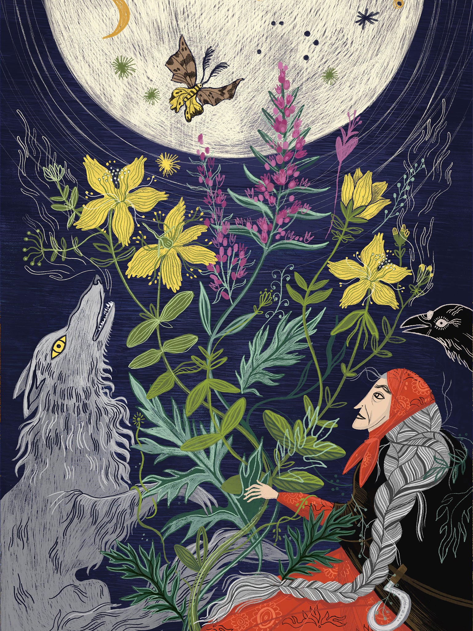 Wydruk artystyczny „Szeptucha" Natalii Noszczyńskiej – ludowa uzdrowicielka z wilkiem i ziołami pod pełnią księżyca, Giclée Fine Art