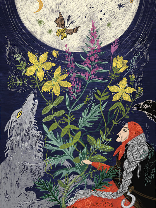 Wydruk artystyczny „Szeptucha" Natalii Noszczyńskiej – ludowa uzdrowicielka z wilkiem i ziołami pod pełnią księżyca, Giclée Fine Art