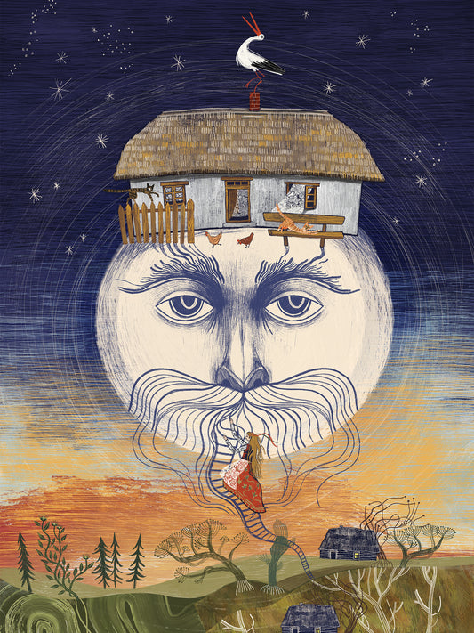 Wydruk artystyczny „Moja Chata" Natalii Noszczyńskiej – kobieta wspinająca się po brodzie księżyca ku wiejskiej chacie na tle nocnego nieba, Giclée Fine Art