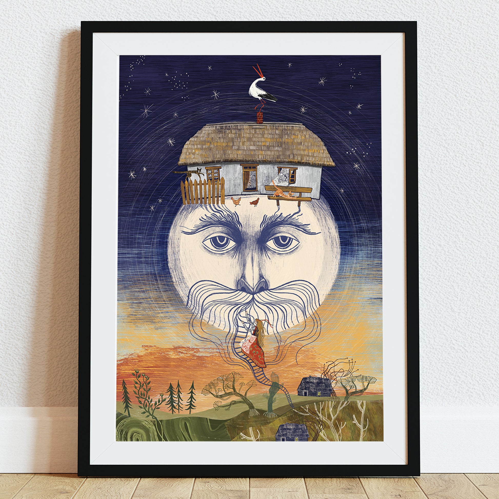 Ilustracja „Moja Chata” przedstawiająca księżyc z ludzką twarzą, na którym stoi wiejska chata, oraz kobietę wspinającą się ku niej po srebrnej brodzie księżyca.