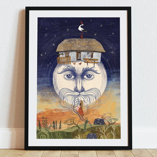 Ilustracja „Moja Chata” przedstawiająca księżyc z ludzką twarzą, na którym stoi wiejska chata, oraz kobietę wspinającą się ku niej po srebrnej brodzie księżyca.