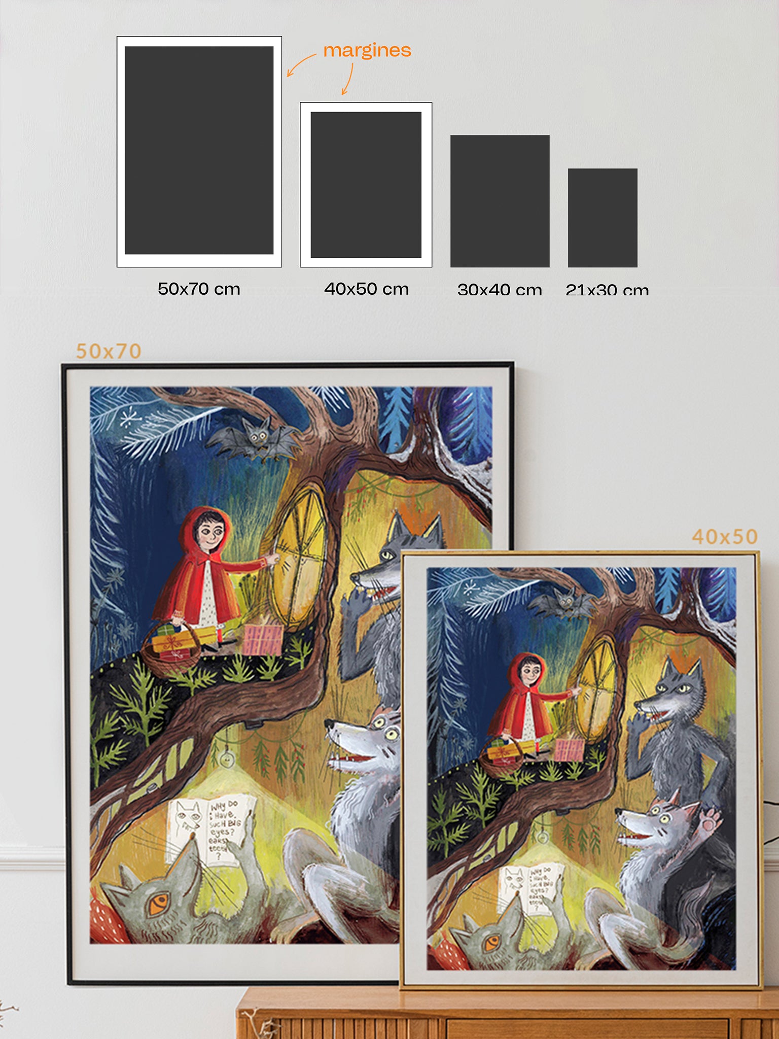 Infografika z dostępnymi rozmiarami wydruku „Czerwony Kapturek – prawdziwa historia": 50x70 cm, 40x50 cm, 30x40 cm i 21x30 cm – porównanie wielkości na ścianie