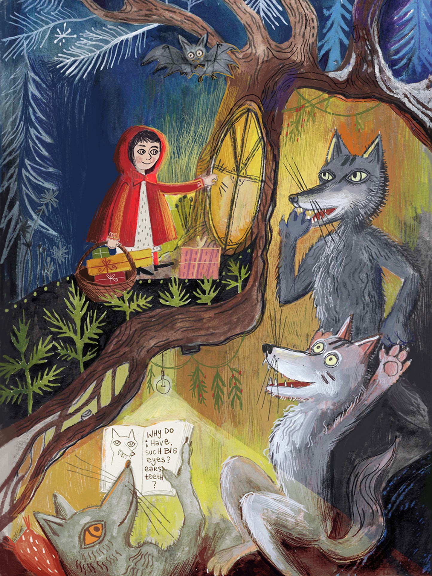 Ilustracja „Czerwony Kapturek – prawdziwa historia” przedstawiająca Czerwonego Kapturka z koszem prezentów przed domem wilczej rodziny ukrytym w starym drzewie w zimowym lesie.