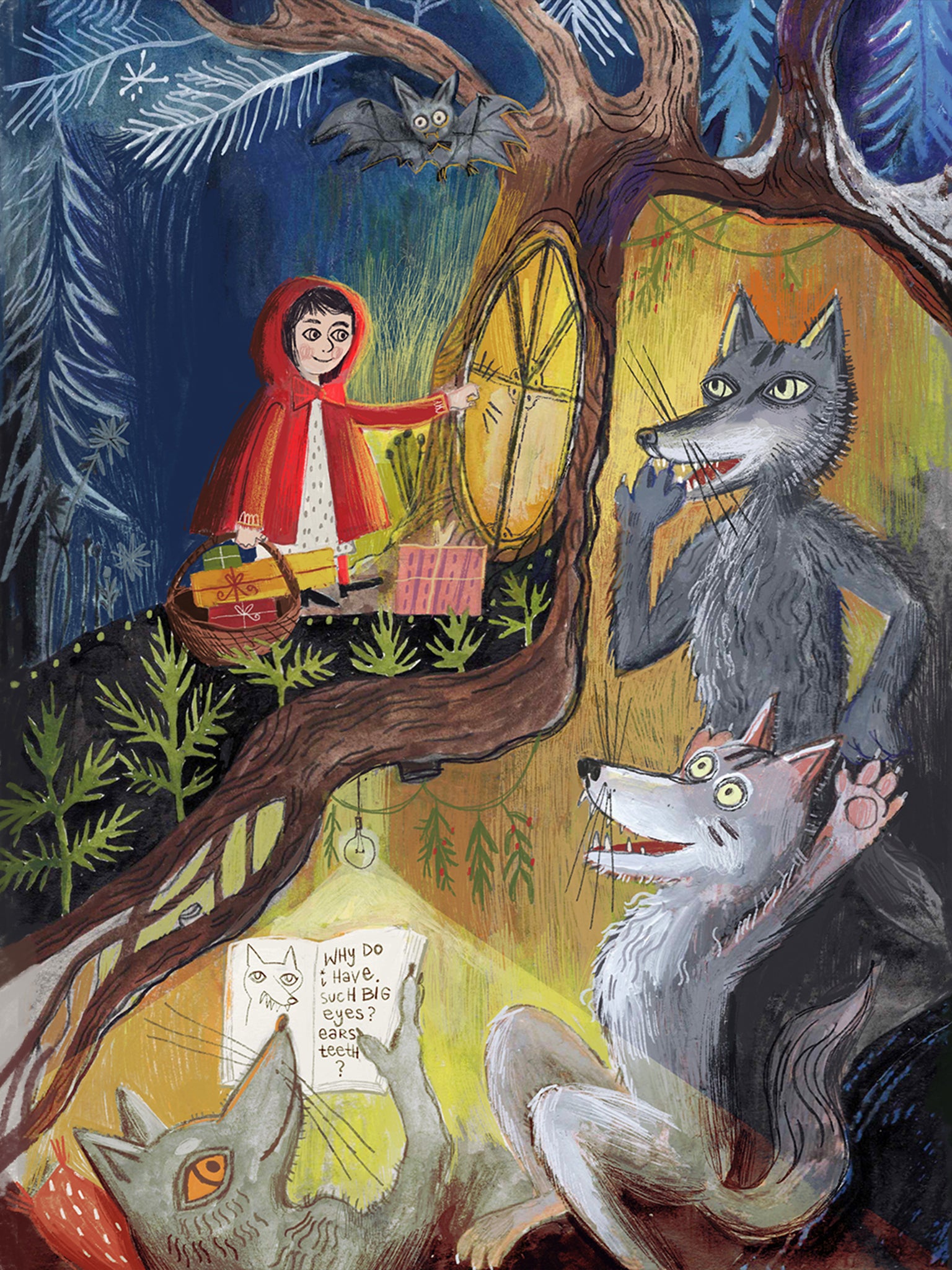 Ilustracja „Czerwony Kapturek – prawdziwa historia” przedstawiająca Czerwonego Kapturka z koszem prezentów przed domem wilczej rodziny ukrytym w starym drzewie w zimowym lesie.