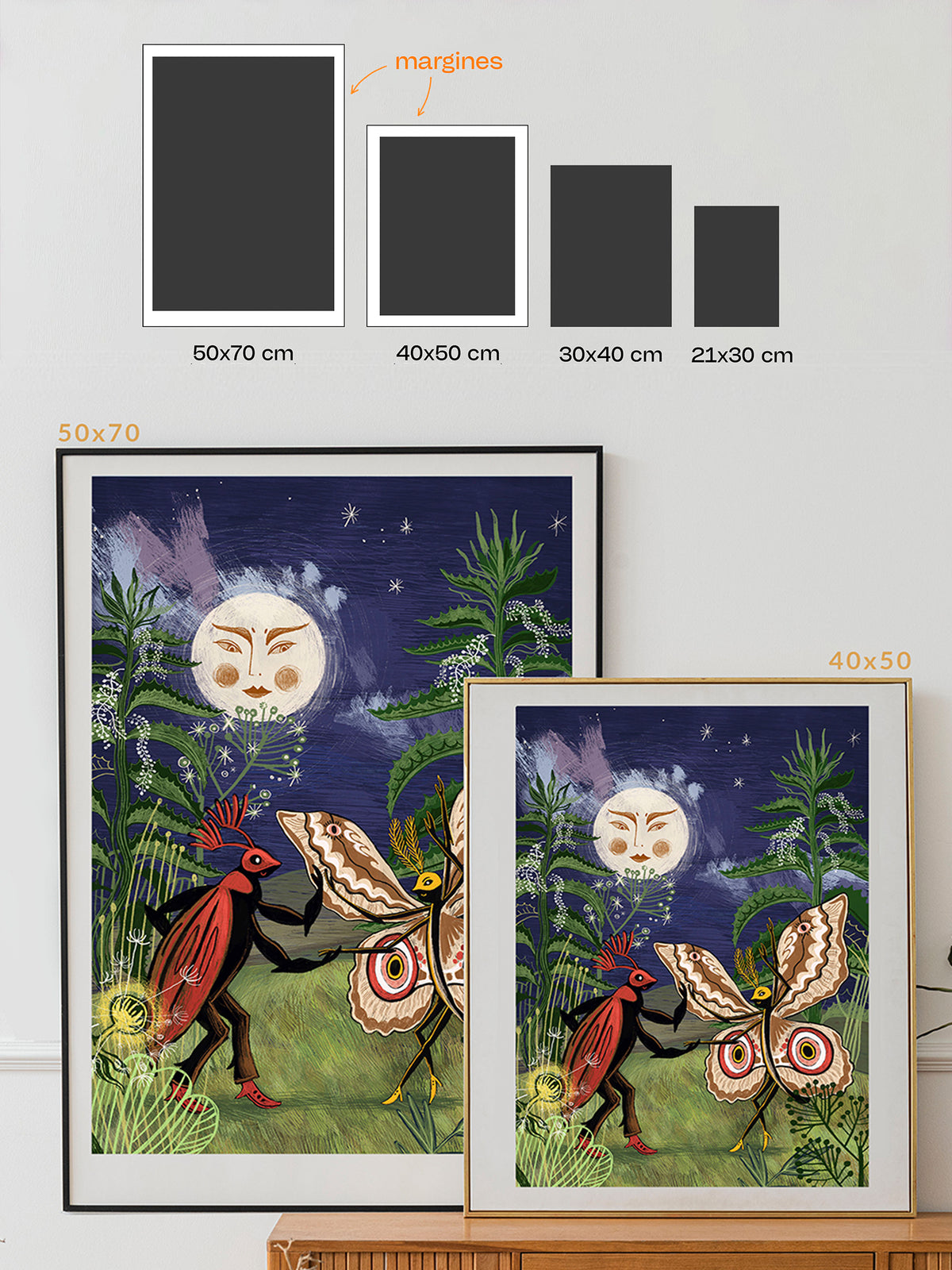 Porównanie formatów wydruku Moonlight Boogie: 21 × 30, 30 × 40, 40 × 50 i 50 × 70 cm, z białym marginesem w dwóch większych rozmiarach.