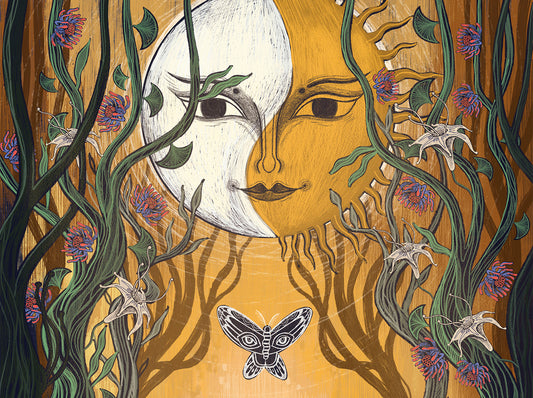 Ilustracja „Między Słońcem a Księżycem" przedstawiająca symboliczną scenę z postaciami między słońcem a księżycem w folklorystycznej kompozycji