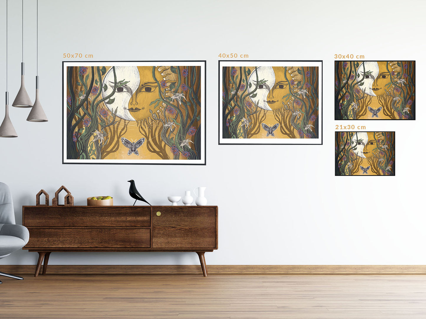 Wydruk artystyczny „Między Słońcem a Księżycem" Natalii Noszczyńskiej – surrealistyczna scena z motywami słońca i księżyca, Giclée Fine Art