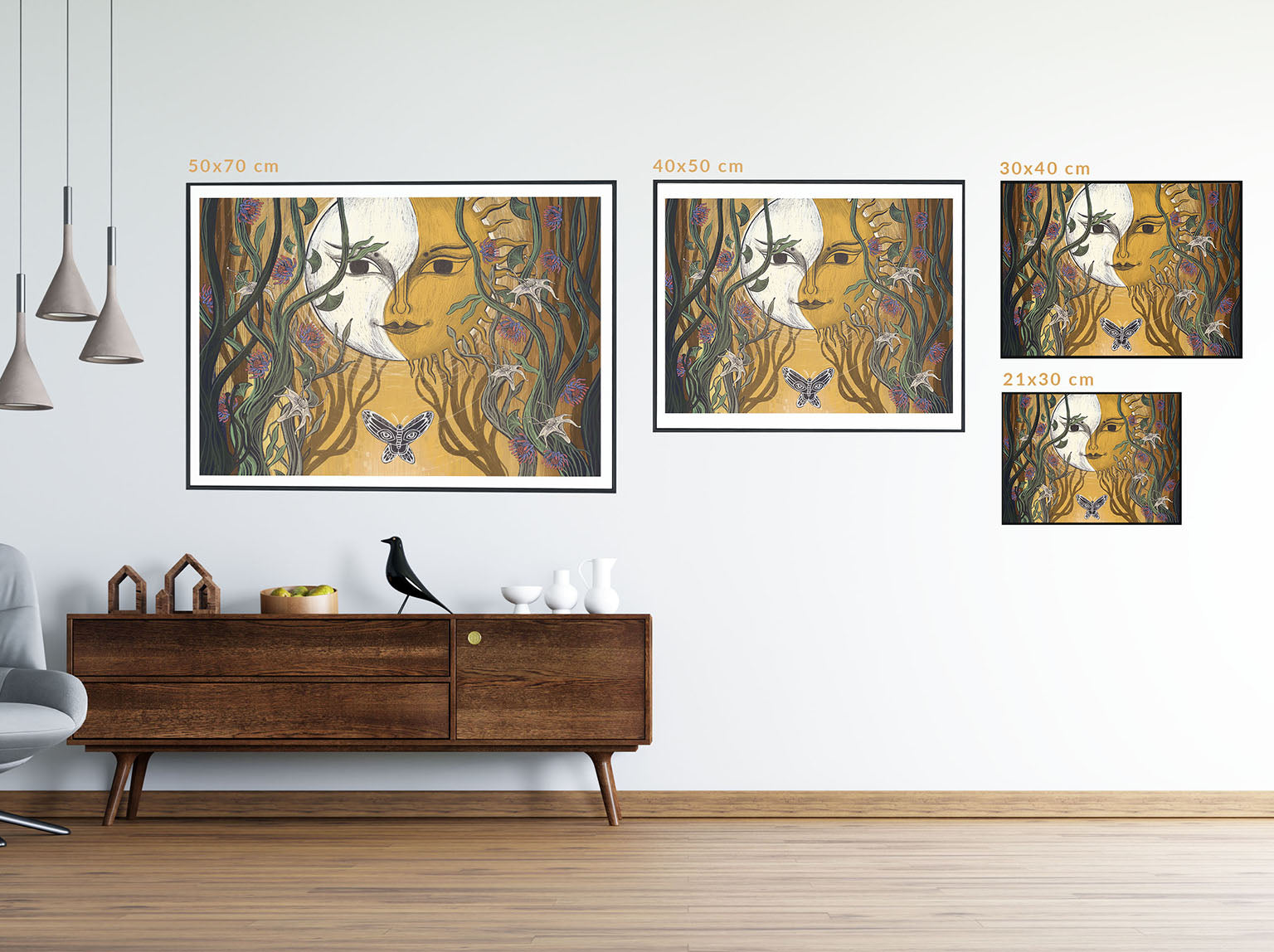 Wydruk artystyczny „Między Słońcem a Księżycem" Natalii Noszczyńskiej – surrealistyczna scena z motywami słońca i księżyca, Giclée Fine Art