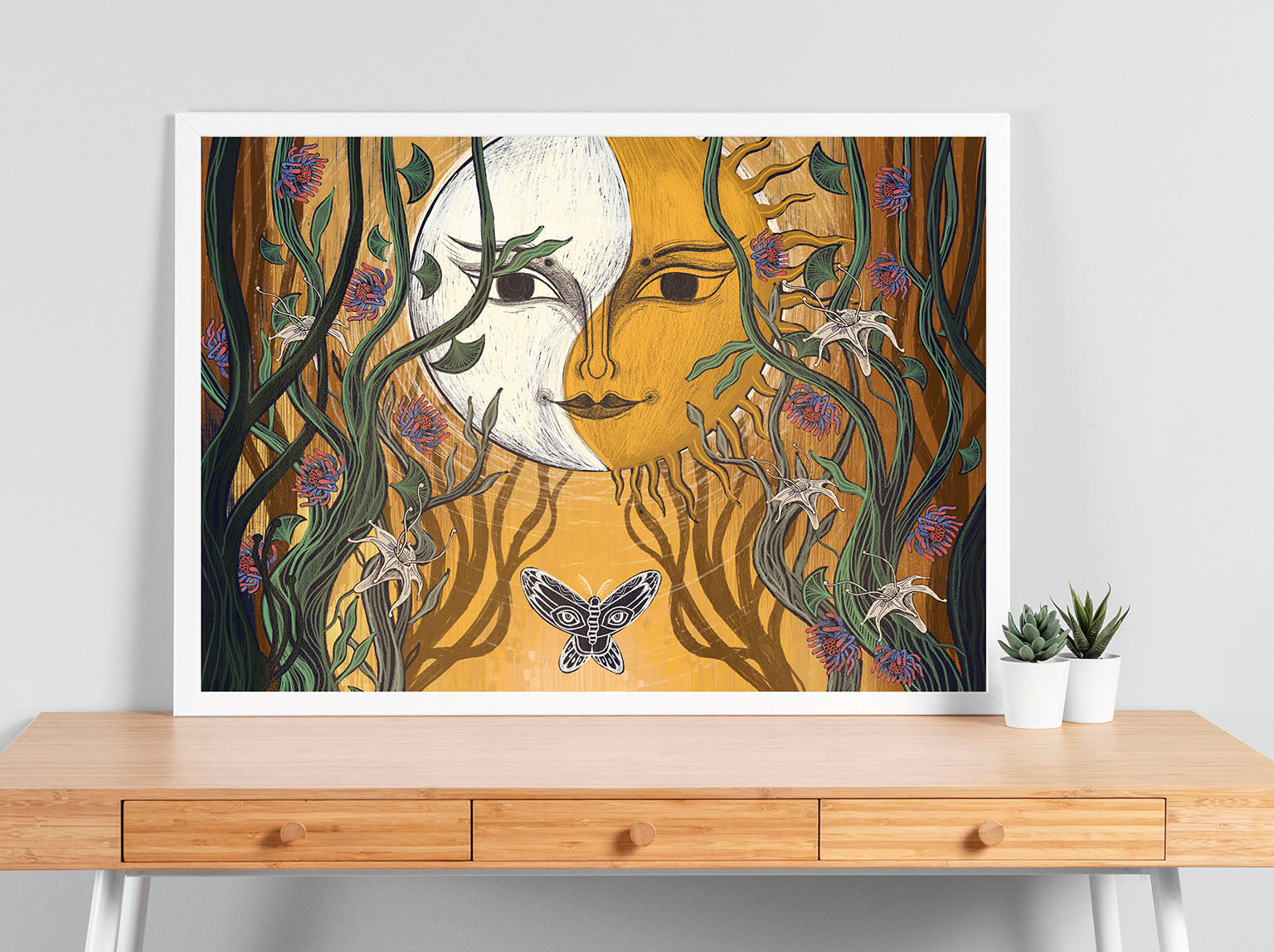 „Między Słońcem a Księżycem" – wydruk Giclée na papierze Fine Art Ilford Matt 235 gsm, nastrojowa ilustracja z symboliką słońca i księżyca