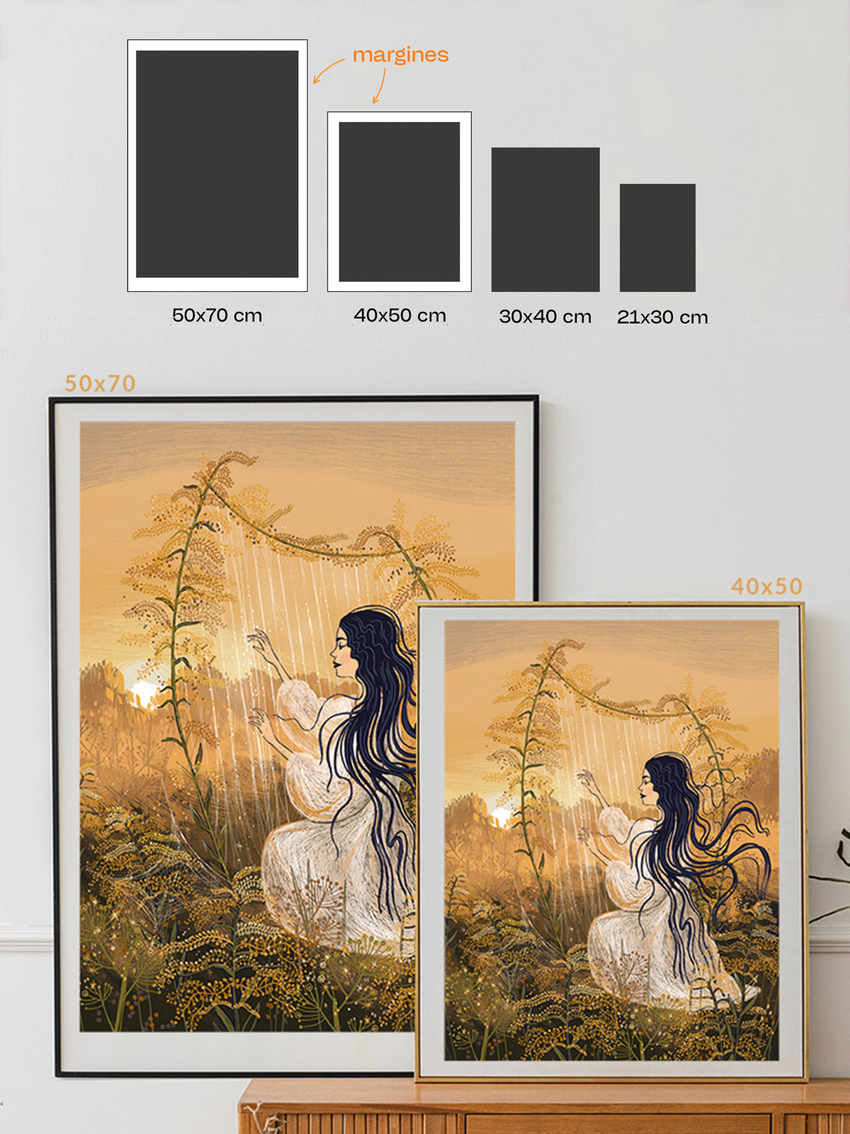 Porównanie rozmiarów wydruku „Jesienna suita" – dostępne formaty 21×30, 30×40, 40×50 i 50×70 cm, wizualizacja na białej ścianie