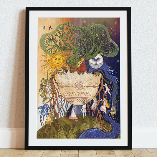 Ilustracja „Jare Gody – Kosmiczne Jajo” przedstawiająca ogromne kosmiczne jajo, z którego wyrasta Drzewo Życia, pomiędzy Słońcem i Księżycem, z postaciami wspinającymi się po korzeniach.