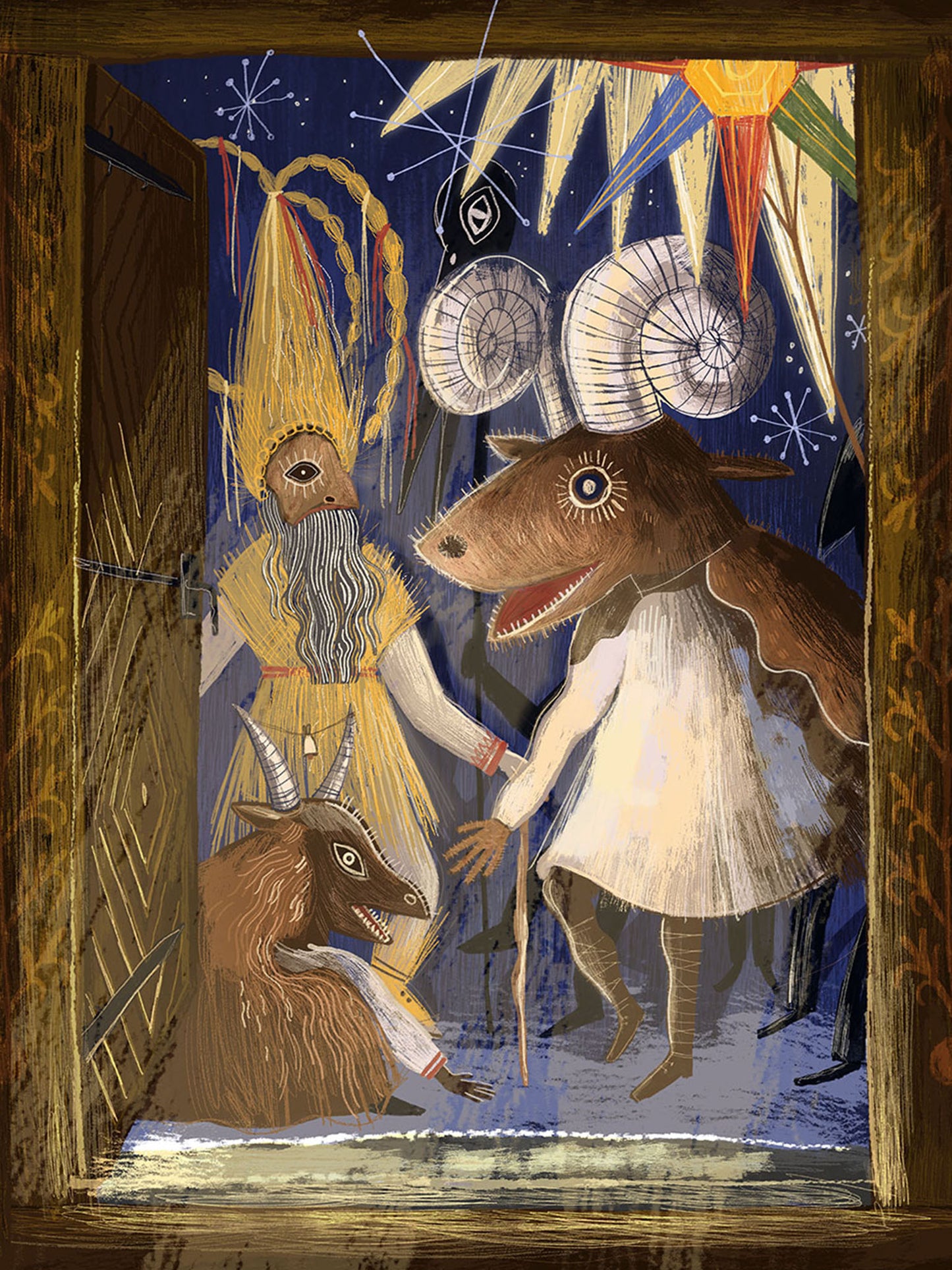 Wydruk artystyczny „Kolędnicy" Natalii Noszczyńskiej – korowód kolędniczy z Turoniem, Kozą i Gwiazdą w zimowej nocy, Giclée Fine Art