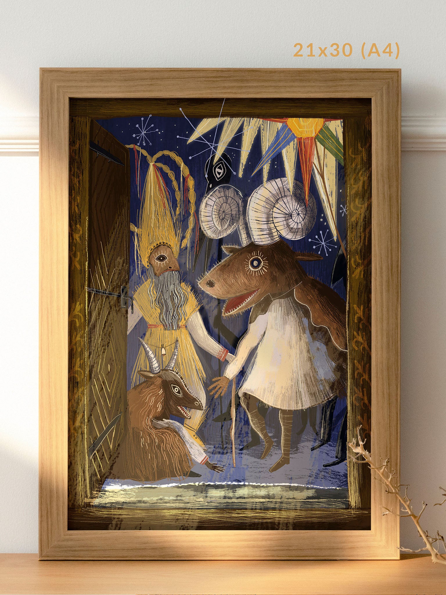 Ilustracja „Kolędnicy" – symboliczna scena kolędnicza z Gwiazdą i maskami zwierzęcymi, wydruk artystyczny Black Dog Studio