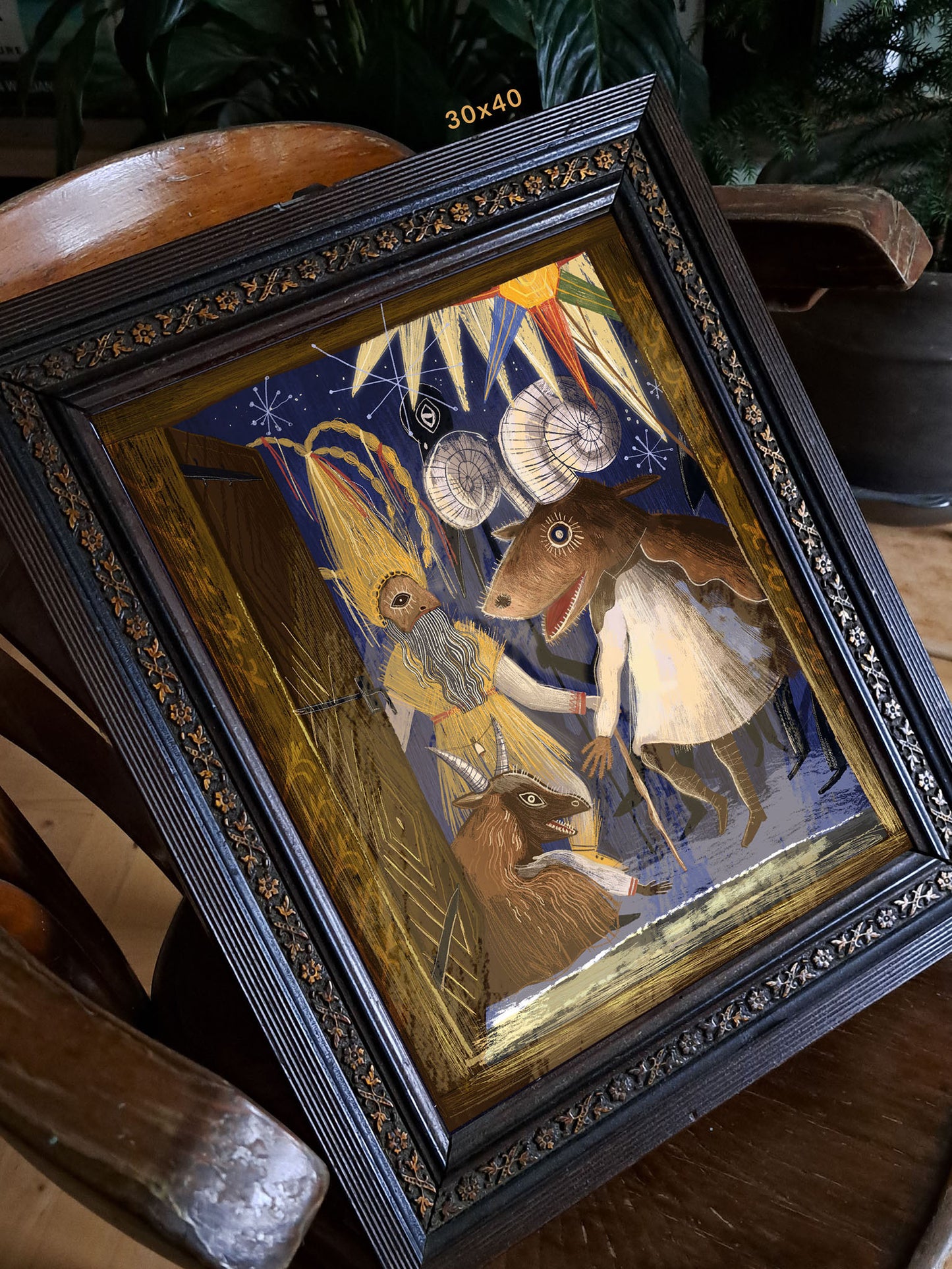 Detal ilustracji „Kolędnicy" – zbliżenie na Turonia i Bociana w grupie kolędników stojących w progu chaty, folk art print